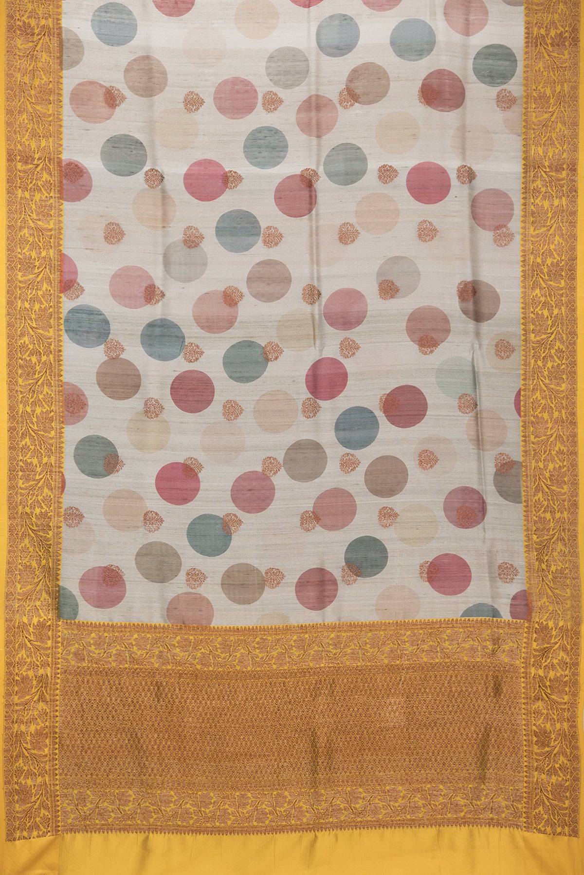 Flat view of Pure Silk Dark Beige Tussar Saree with Zari Butta on the body and Zari Border. 
