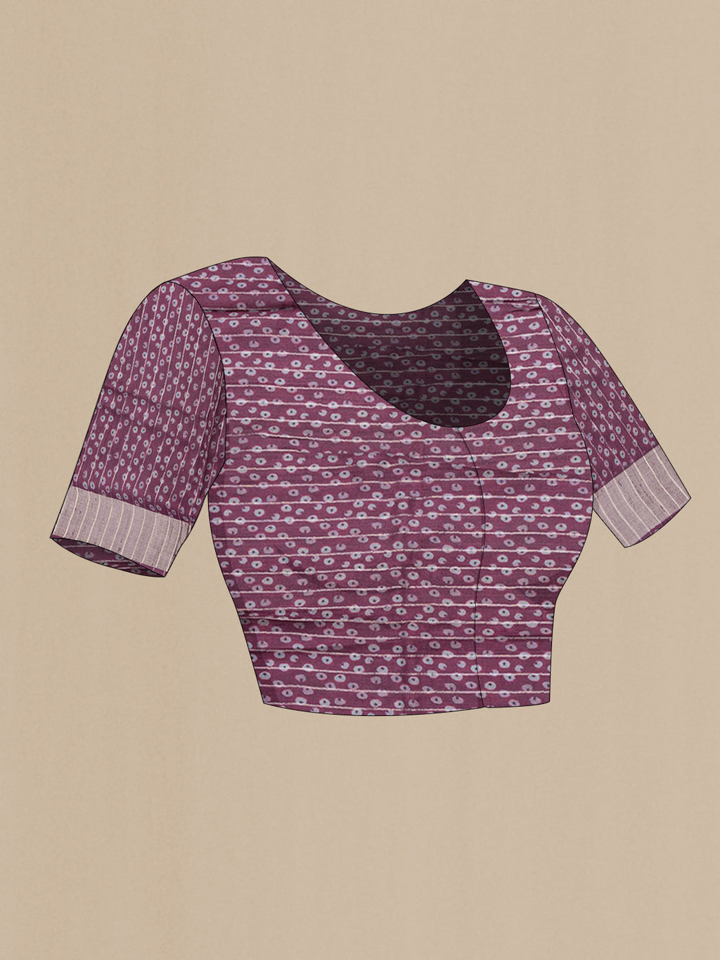 Close up image of the blouse of Purple Dual Tone Tussar Silk Saree with Printed design on the body and Zari Border. 
