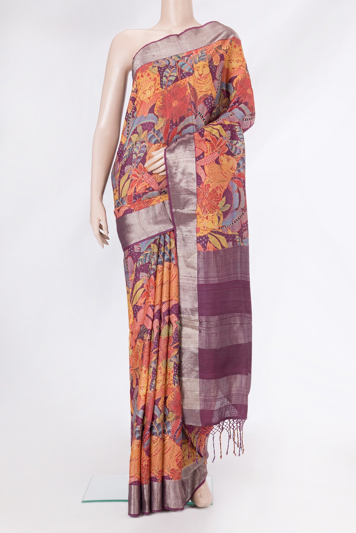 Purple Dual Tone Tussar Silk Saree with Printed design on the body and Zari Border.  displayed on a mannequin