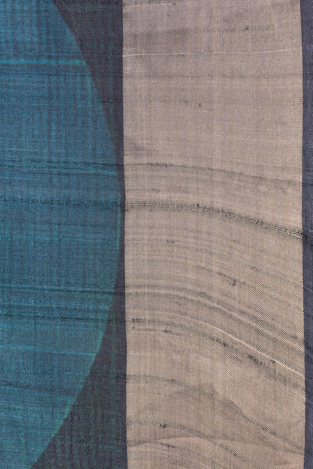 Border image of Mustard and Peakcock Blue Color Tussar Silk Saree with Printed design on the body and Zari Border. 