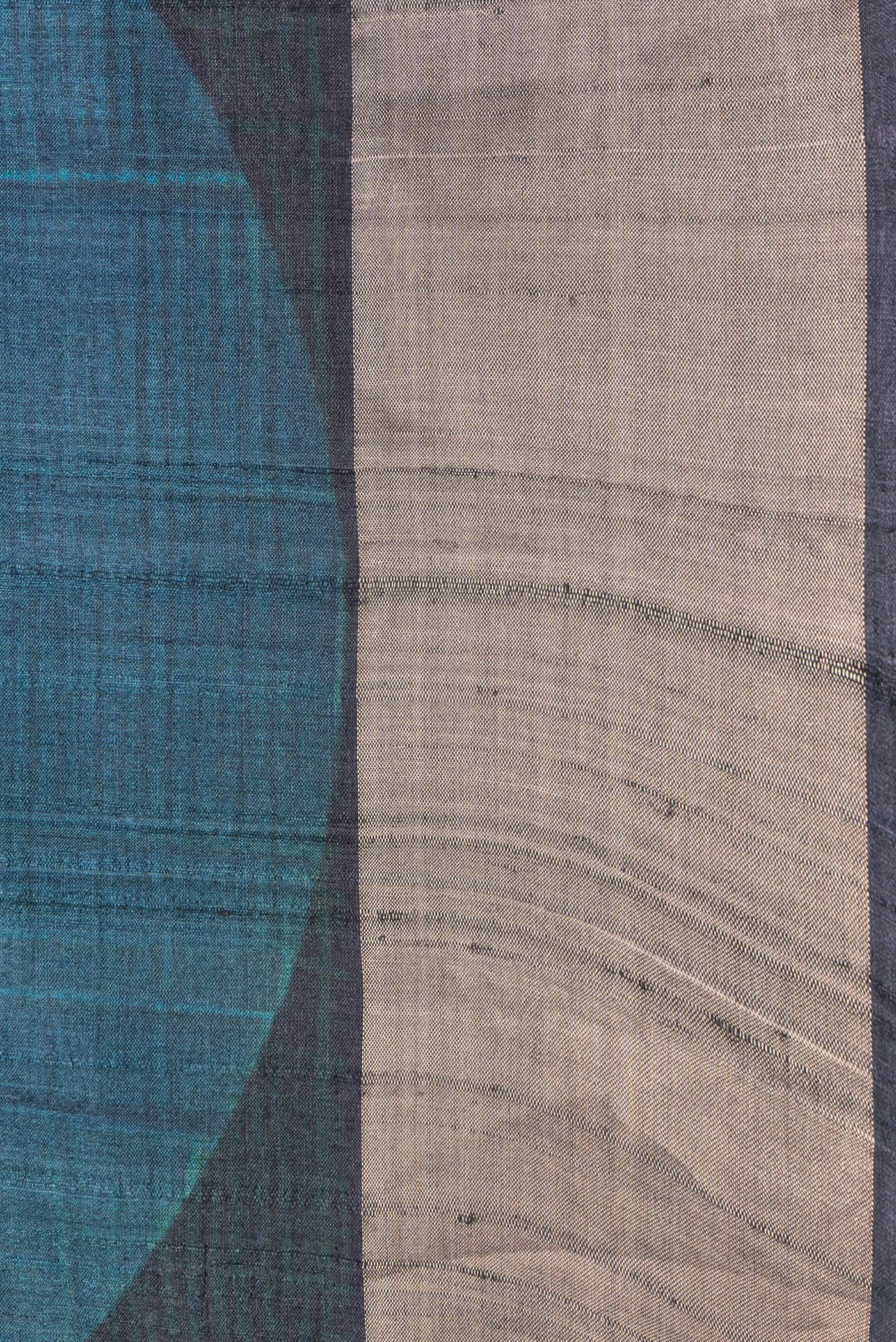 Border image of Mustard and Peakcock Blue Color Tussar Silk Saree with Printed design on the body and Zari Border. 