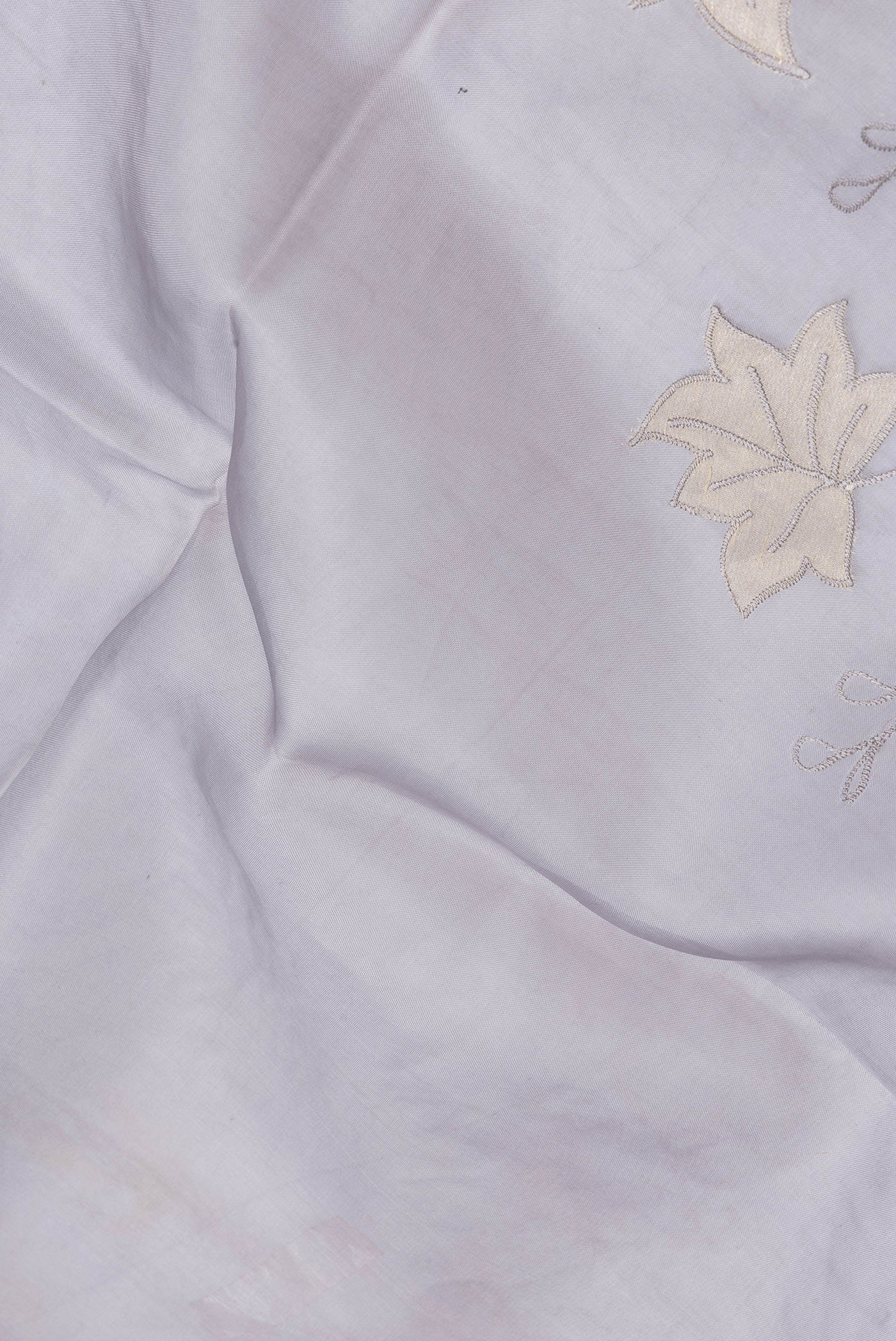 Close up of Grey Dual Tone Organza Silk Saree with Embroidery on the body and Embroidery Border.  displaying folds