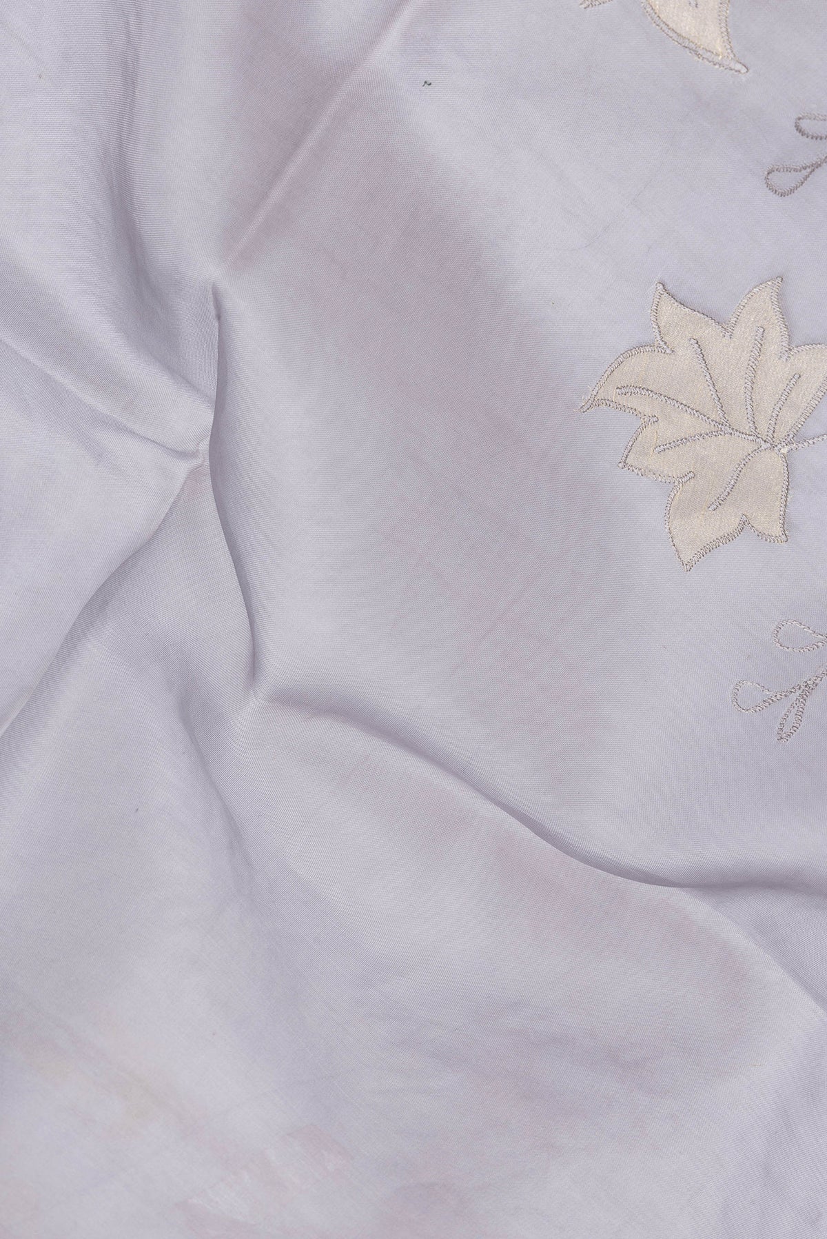 Close up of Grey Dual Tone Organza Silk Saree with Embroidery on the body and Embroidery Border.  displaying folds