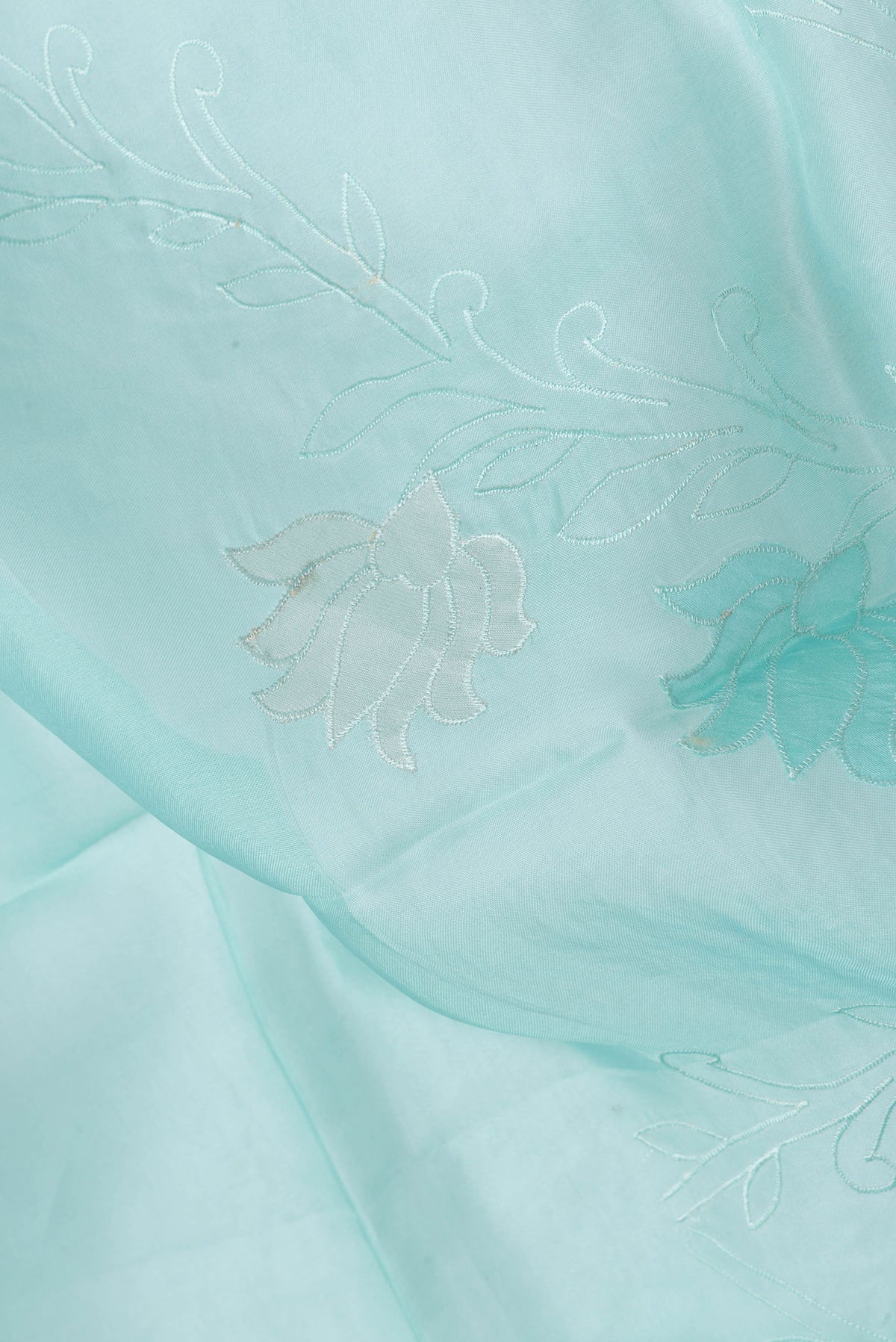 Close up of Sea Green Dual Tone Organza Silk Saree with Embroidery on the body and Embroidery Border.  displaying folds