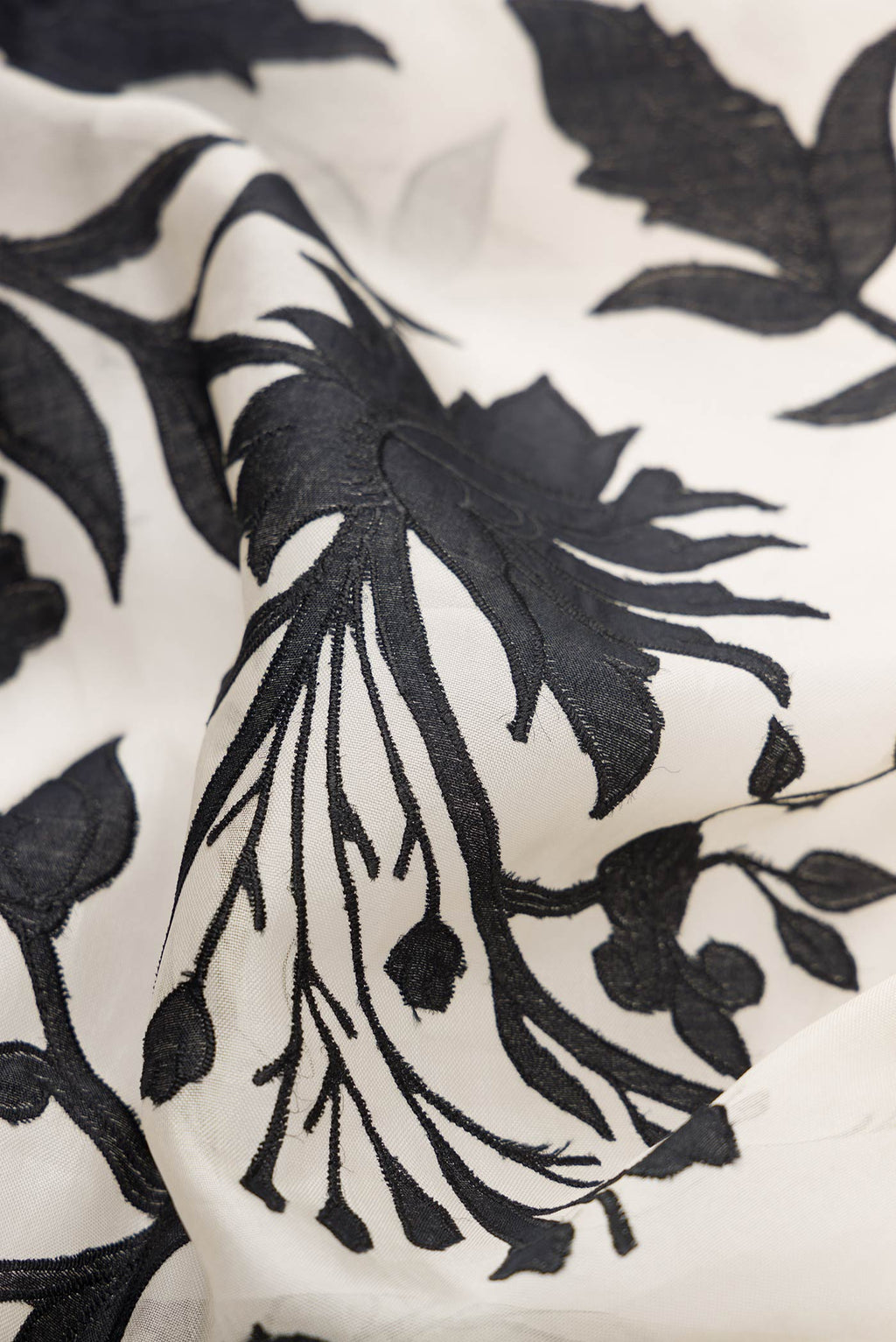 Close up of Beige Dual Tone Organza Silk Saree with Embroidery on the body and Embroidery Border.  displaying folds