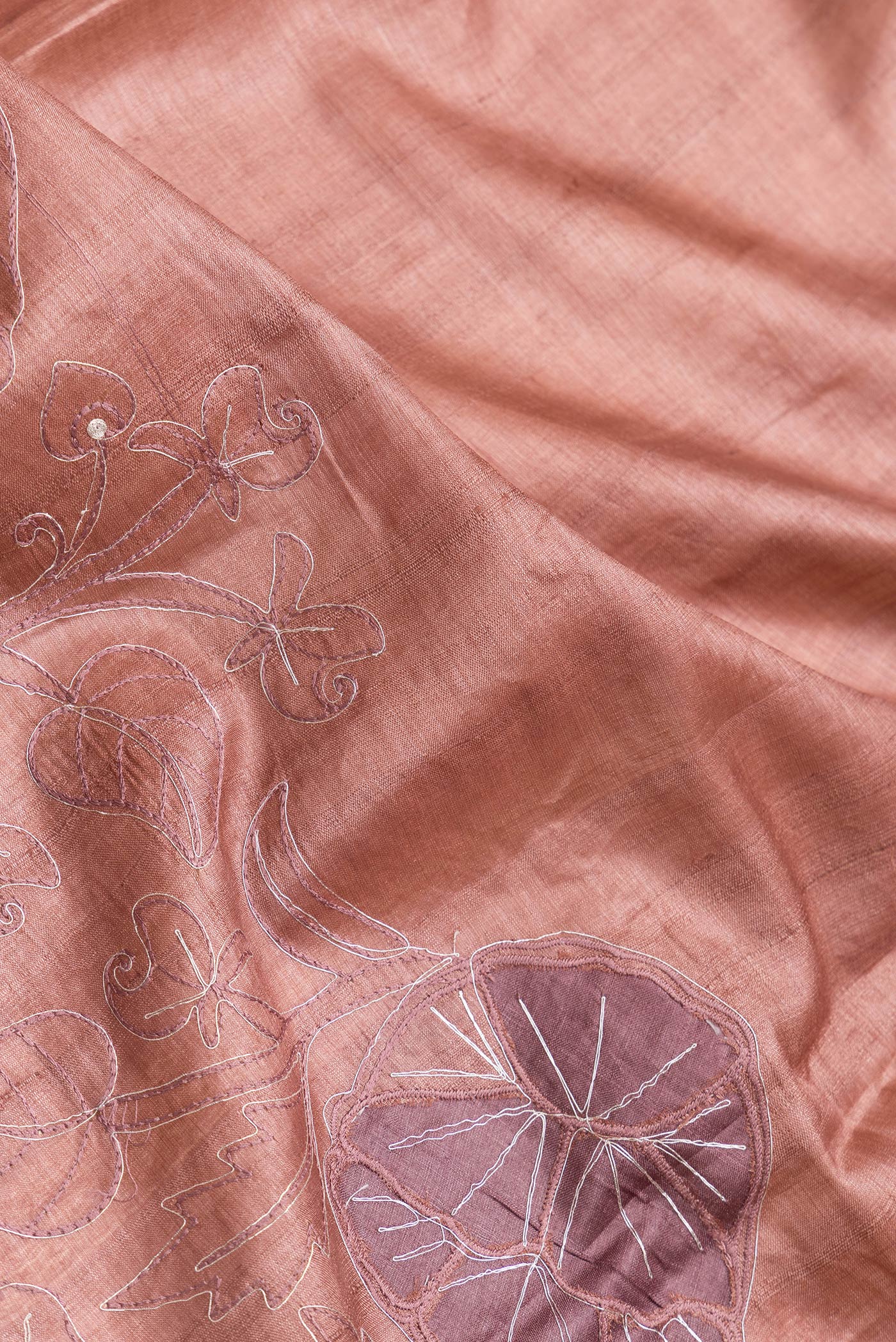 Close up of Golden Peach Dual Tone Tussar Silk Saree with Embroidery on the body and Embroidery Border.  displaying folds