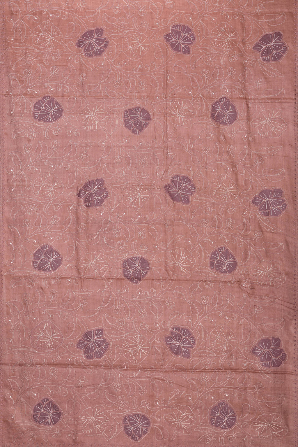 Flat view of Golden Peach Dual Tone Tussar Silk Saree with Embroidery on the body and Embroidery Border. 