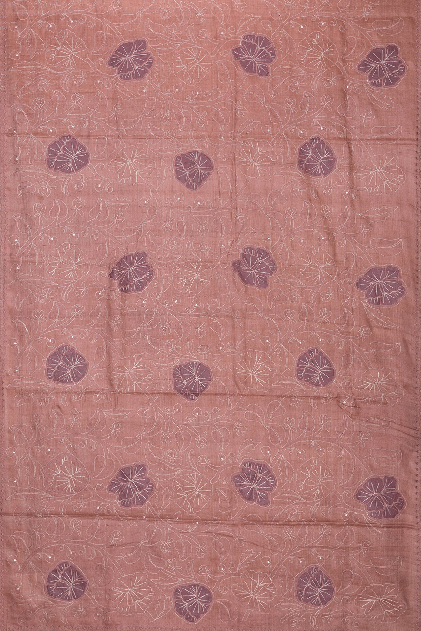 Flat view of Golden Peach Dual Tone Tussar Silk Saree with Embroidery on the body and Embroidery Border. 