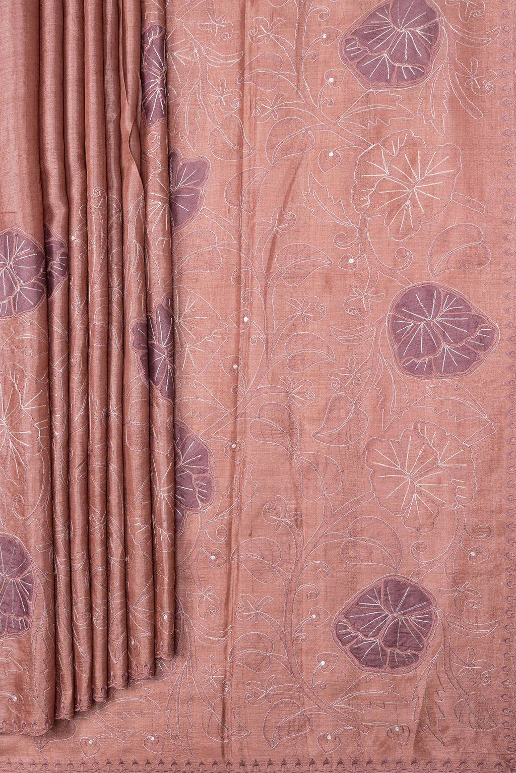 Pleats and pallu of Golden Peach Dual Tone Tussar Silk Saree with Embroidery on the body and Embroidery Border. 