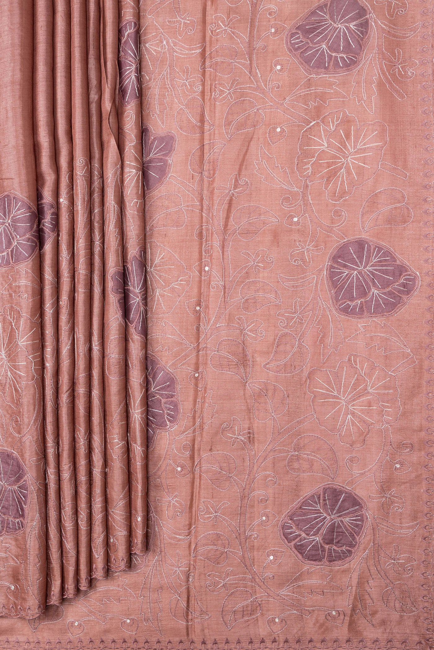 Pleats and pallu of Golden Peach Dual Tone Tussar Silk Saree with Embroidery on the body and Embroidery Border. 