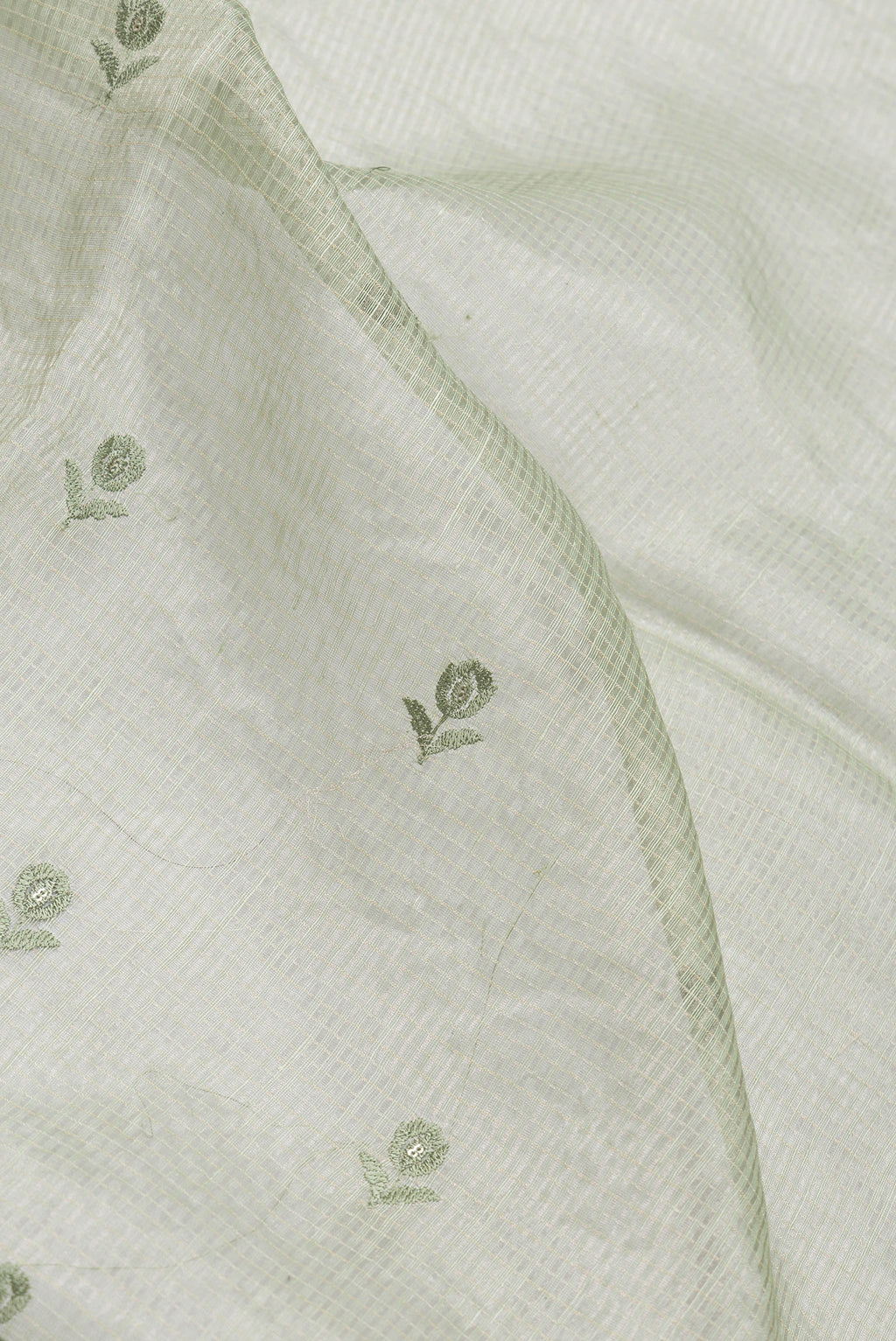 Close up of Pista Green Dual Tone Organza Silk Saree with Embroidery on the body and Embroidery Border.  displaying folds