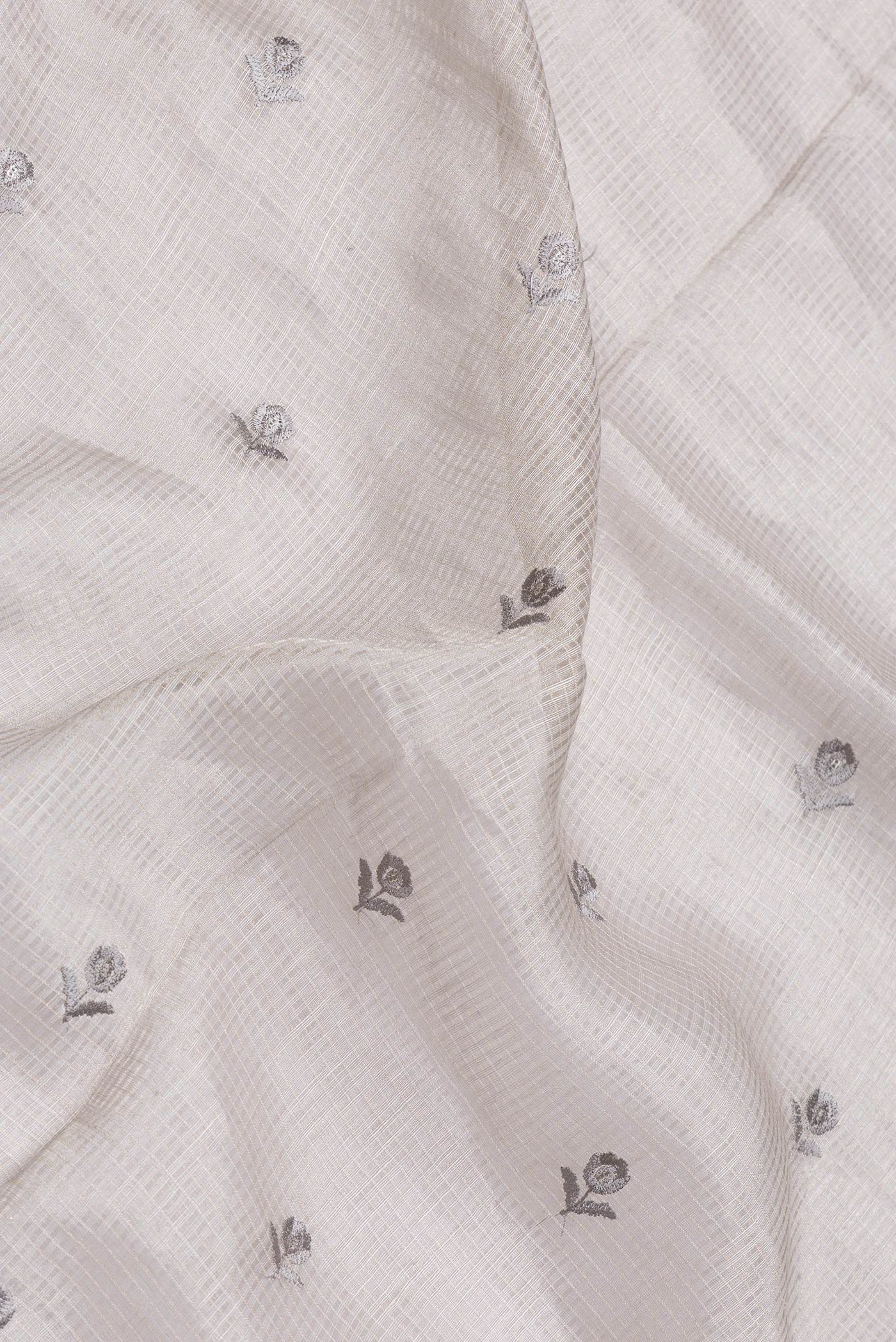 Close up of Grey Dual Tone Organza Silk Saree with Embroidery on the body and Embroidery Border.  displaying folds