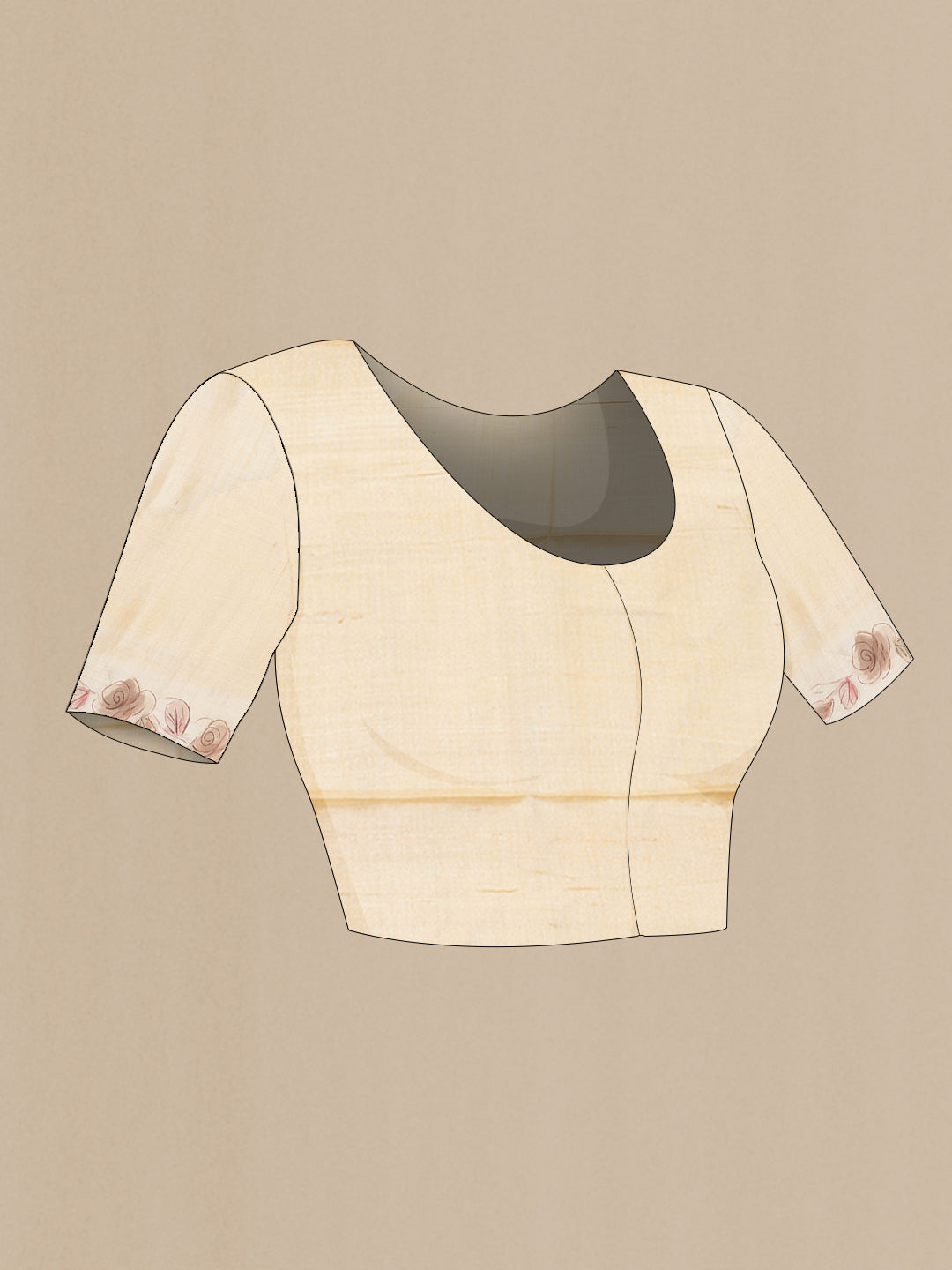 Close up image of the blouse of Beige Dual Tone Tussar Silk Saree with Plain Body and Printed Border. 