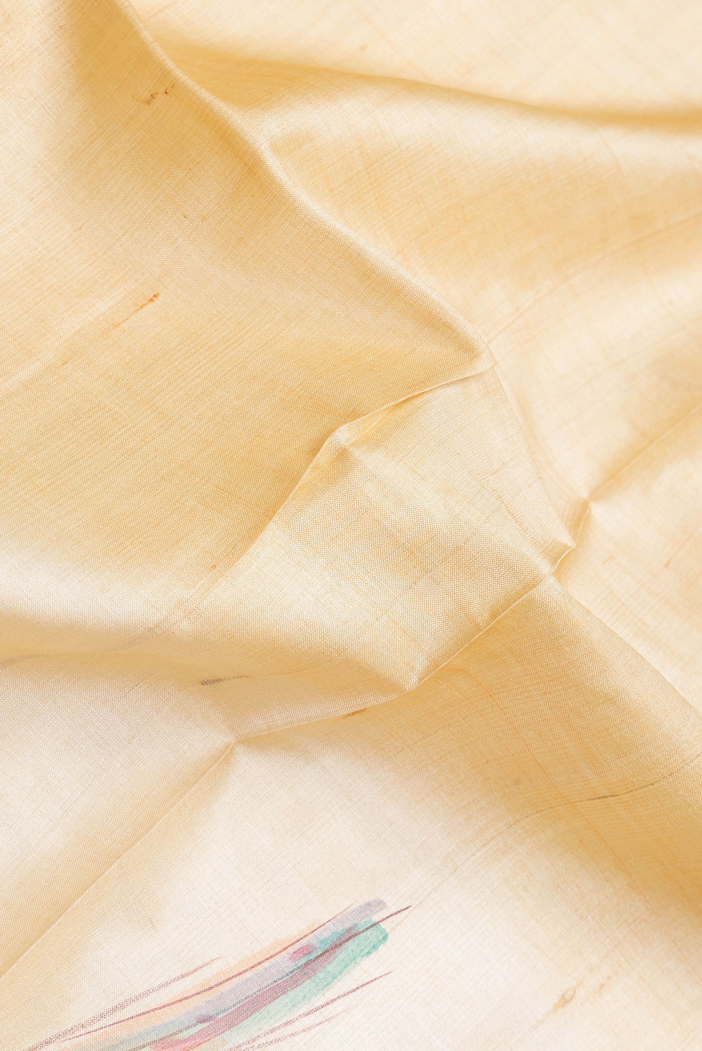 Close up of Beige Dual Tone Tussar Silk Saree with Plain Body and Printed Border.  displaying folds