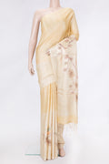 Beige Dual Tone Tussar Silk Saree with Plain Body and Printed Border.  displayed on a mannequin