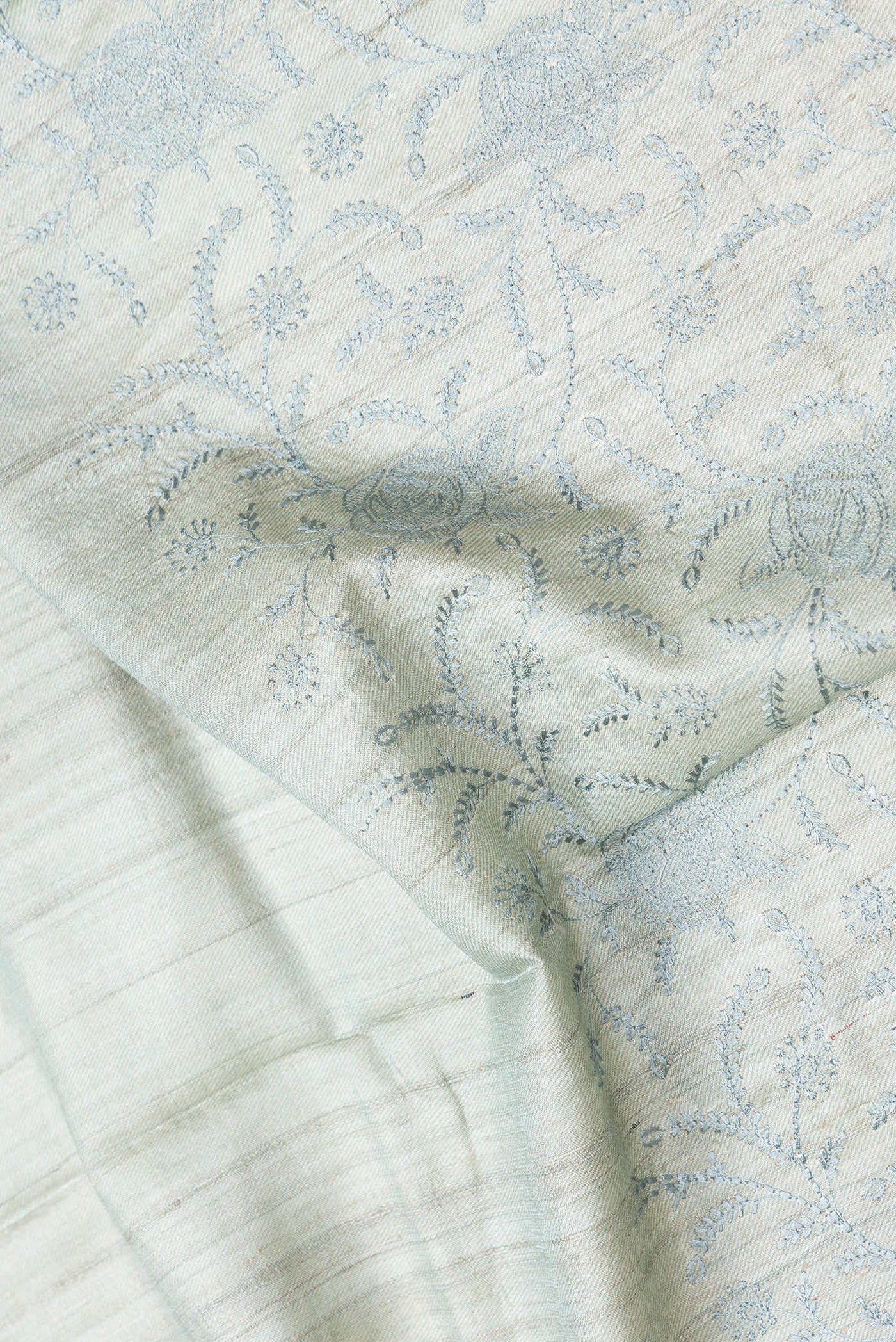 Close up of Sea Green Dual Tone Tussar Silk Saree with Embroidery on the body and Printed Border.  displaying folds