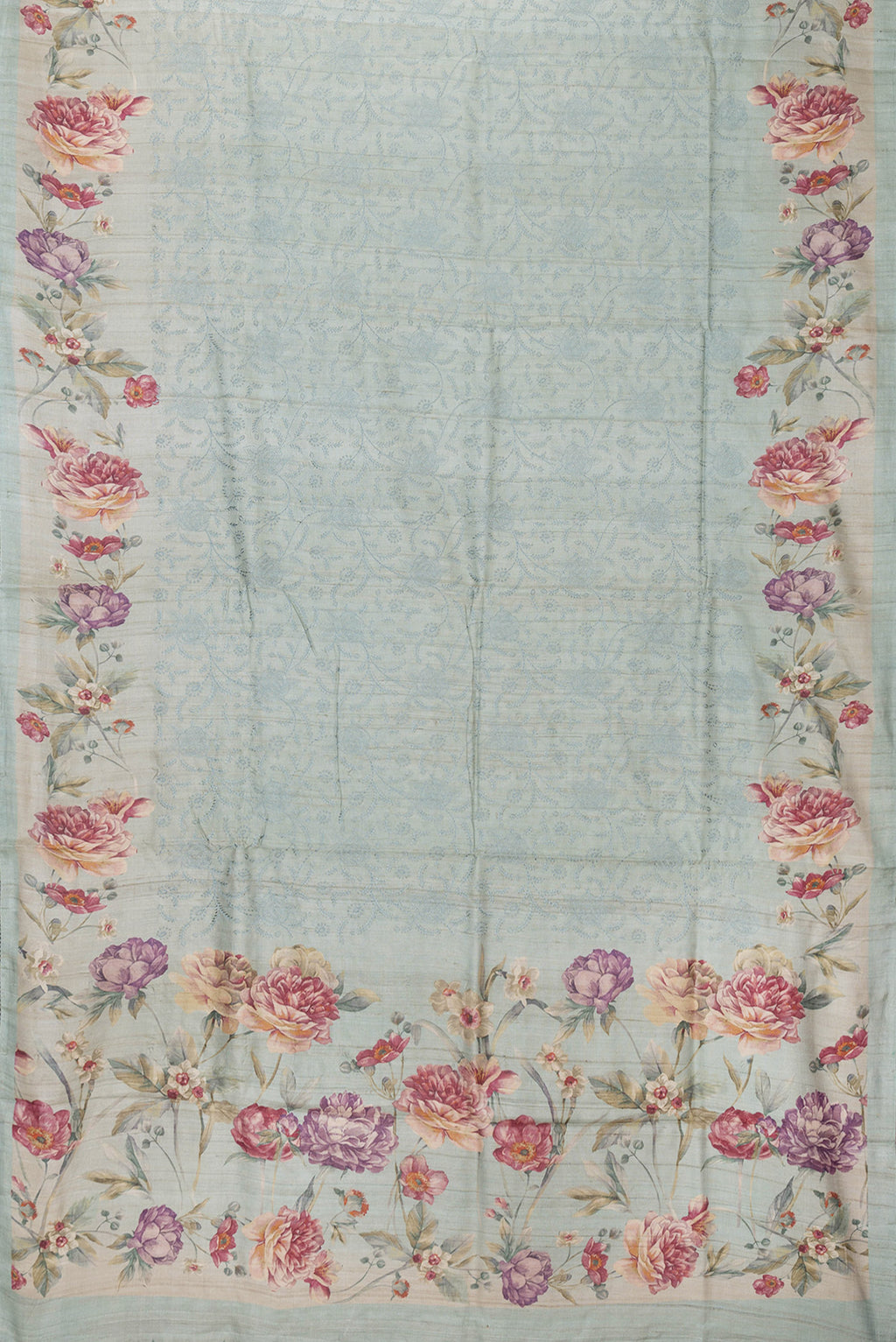 Flat view of Sea Green Dual Tone Tussar Silk Saree with Embroidery on the body and Printed Border. 