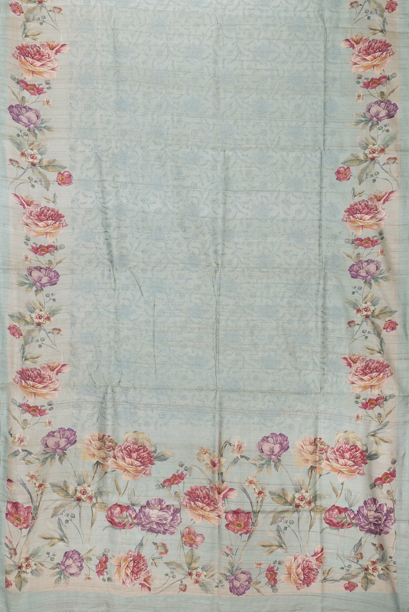 Flat view of Sea Green Dual Tone Tussar Silk Saree with Embroidery on the body and Printed Border. 