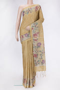 Sandal Dual Tone Tussar Silk Saree with Embroidery on the body and Printed Border.  displayed on a mannequin