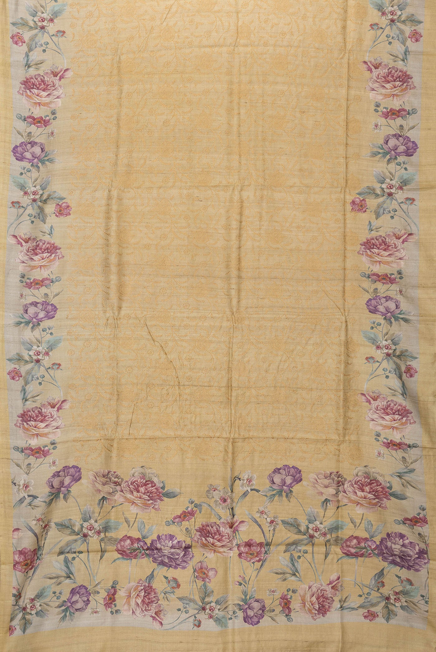 Flat view of Sandal Dual Tone Tussar Silk Saree with Embroidery on the body and Printed Border. 