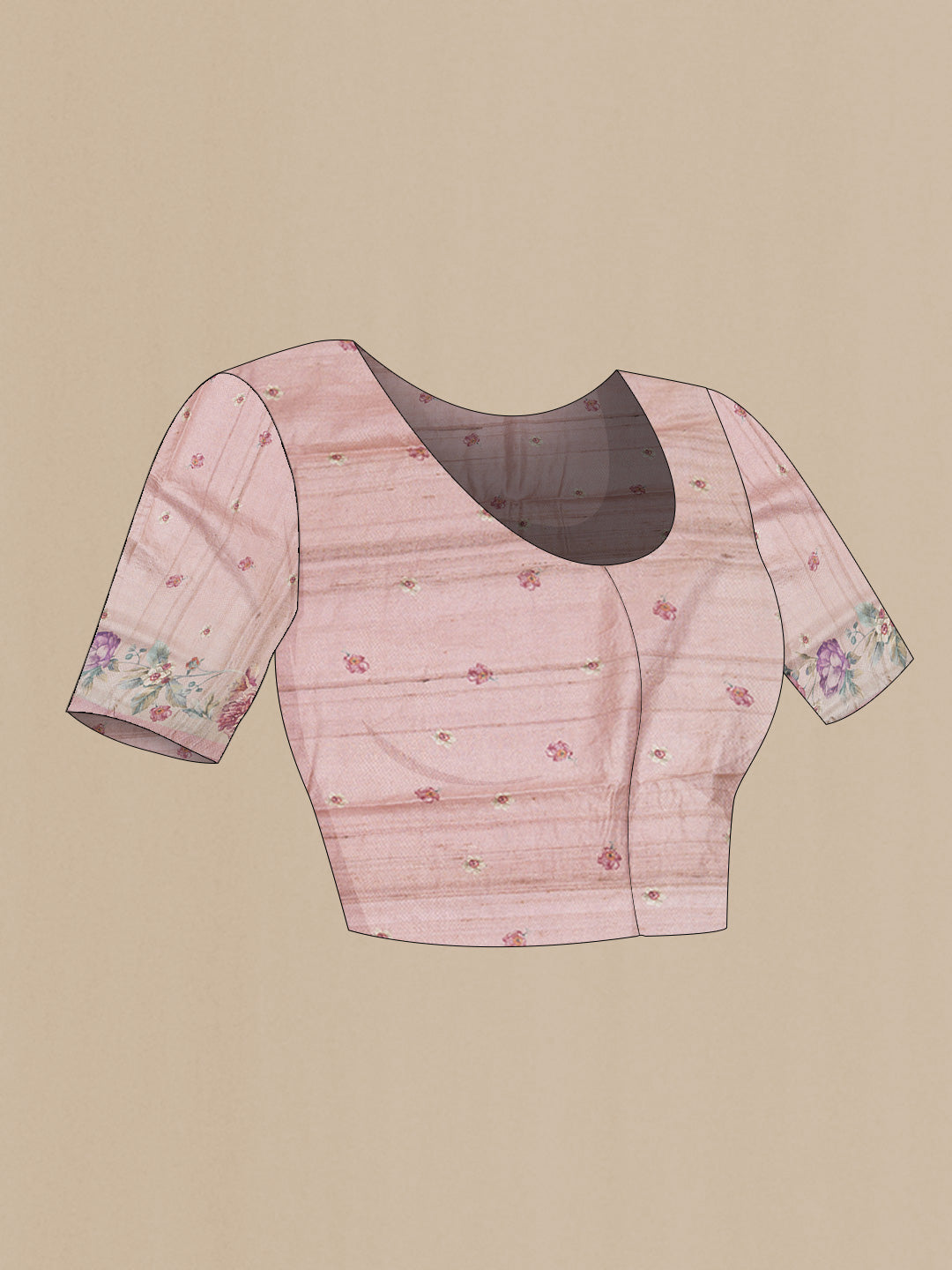 Close up image of the blouse of Rose Gold Tussar Silk Saree with Embroidery on the body and Printed Border