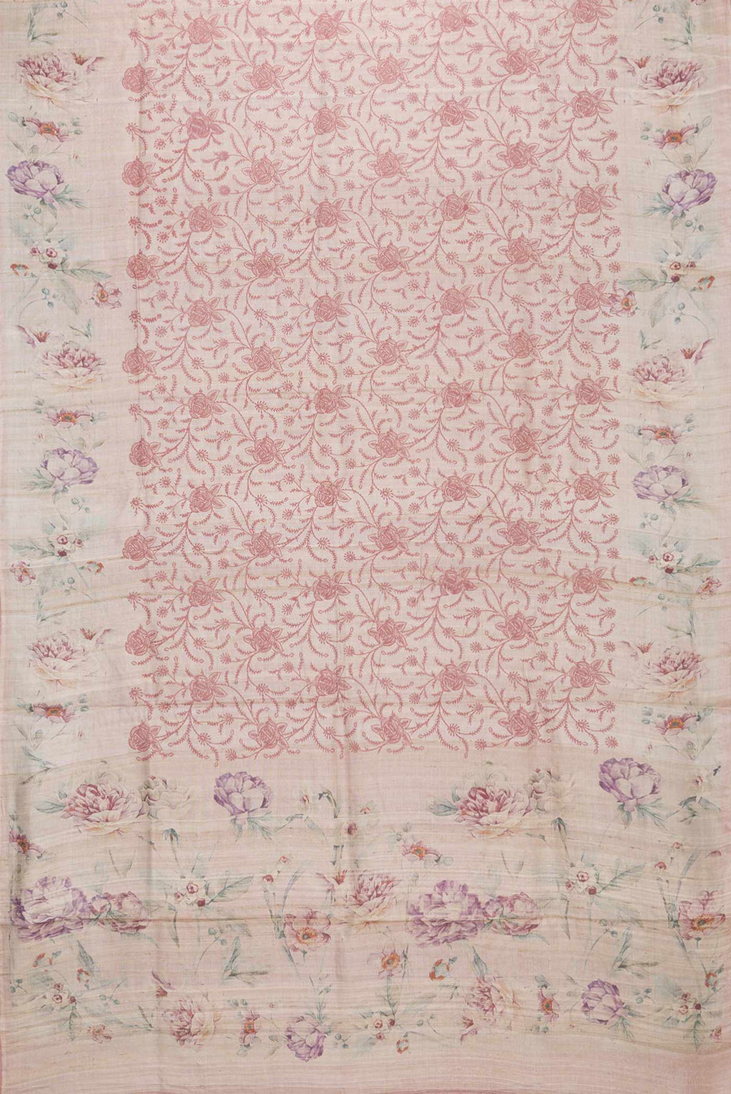 Flat view of Rose Gold Tussar Silk Saree with Embroidery on the body and Printed Border