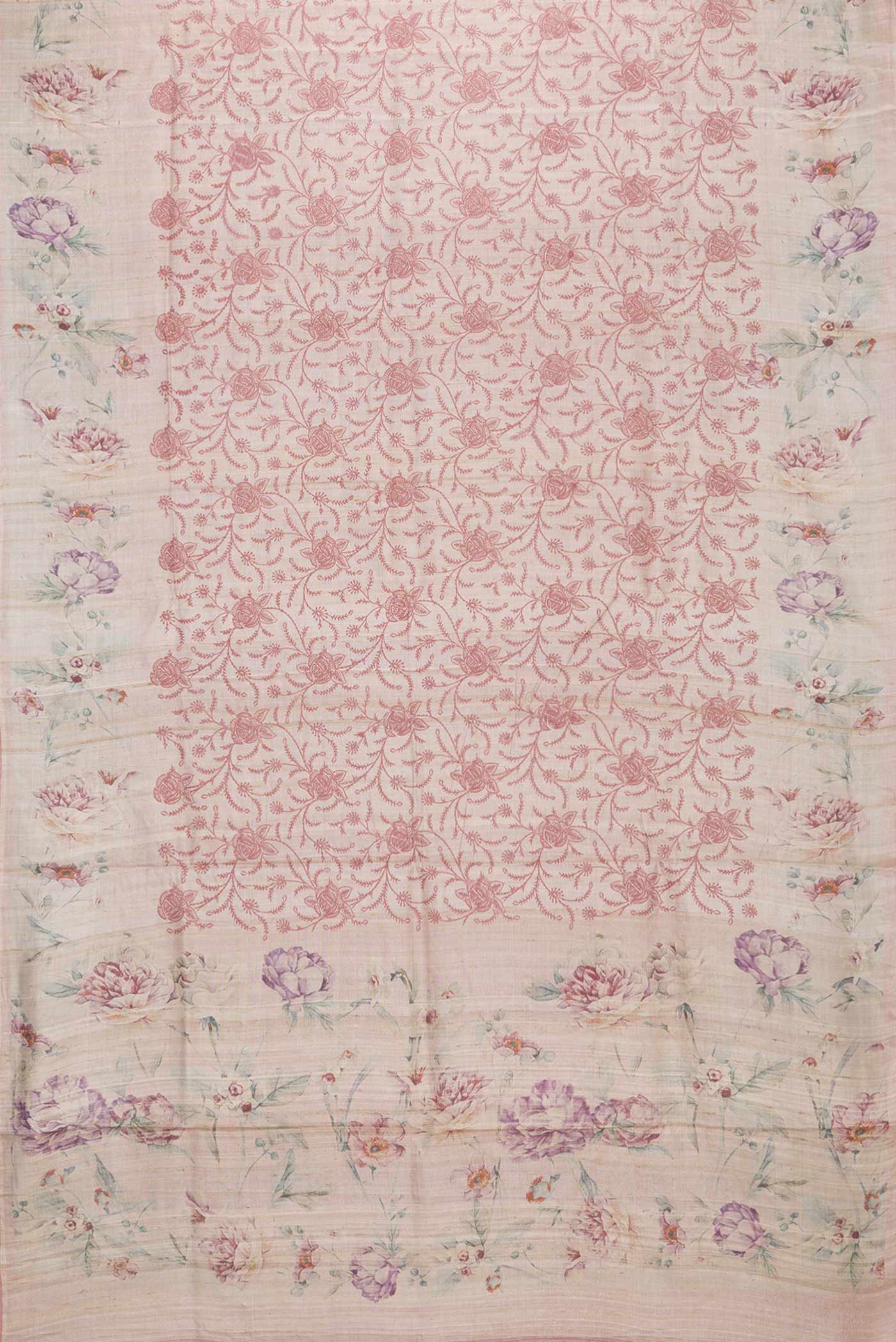Flat view of Rose Gold Tussar Silk Saree with Embroidery on the body and Printed Border