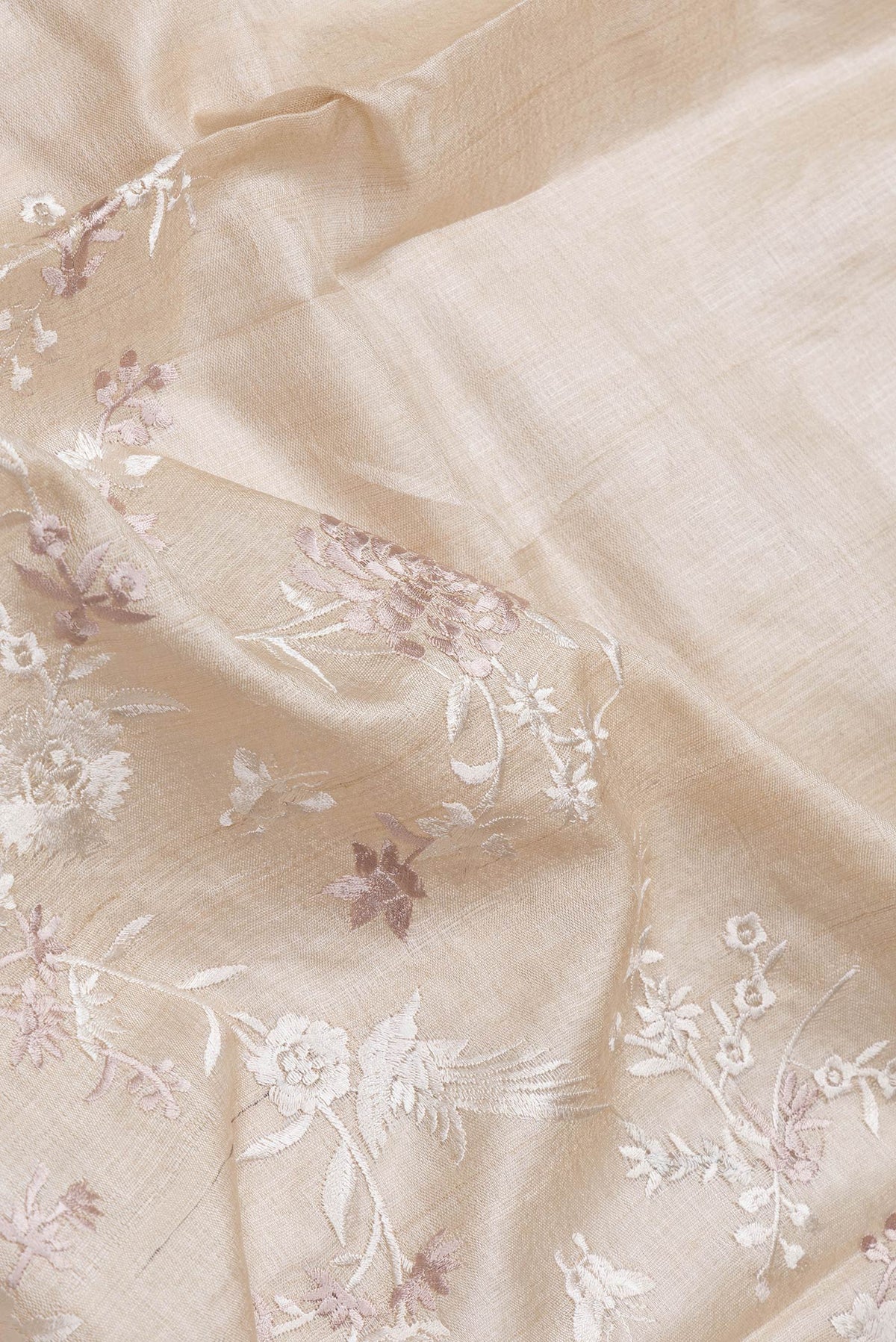 Close up of Beige Dual Tone Tussar Silk Saree with Embroidery on the body and Thread Border.  displaying folds