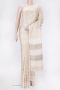 Beige Dual Tone Tussar Silk Saree with Embroidery on the body and Thread Border.  displayed on a mannequin
