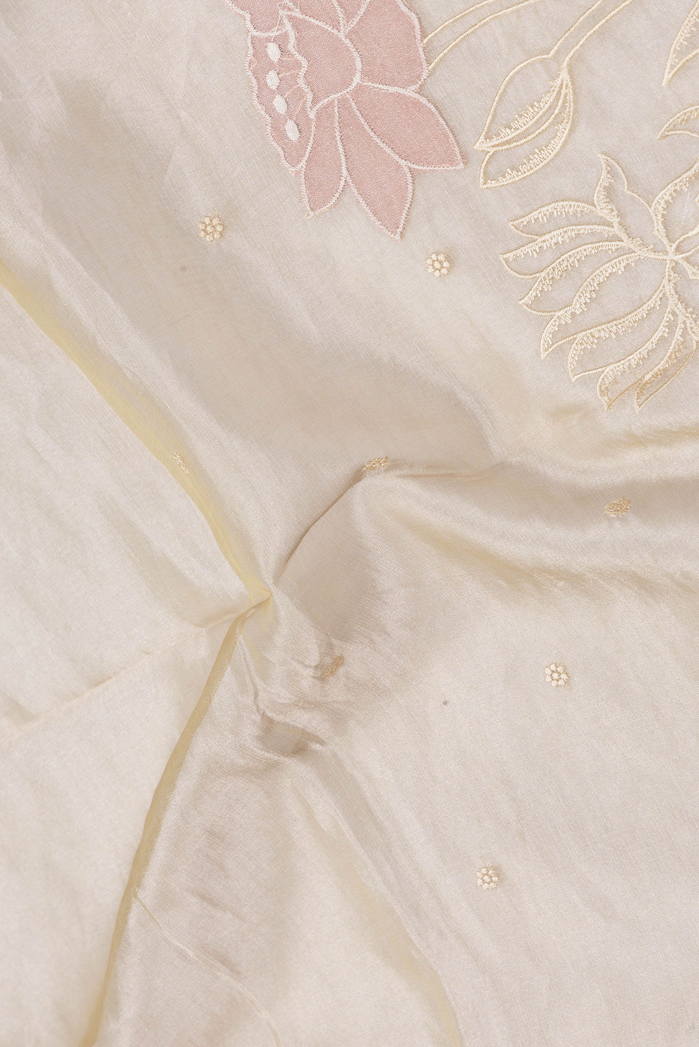 Close up of Gold Dual Tone Organza Silk Saree with Embroidery on the body and Embroidery Border.  displaying folds