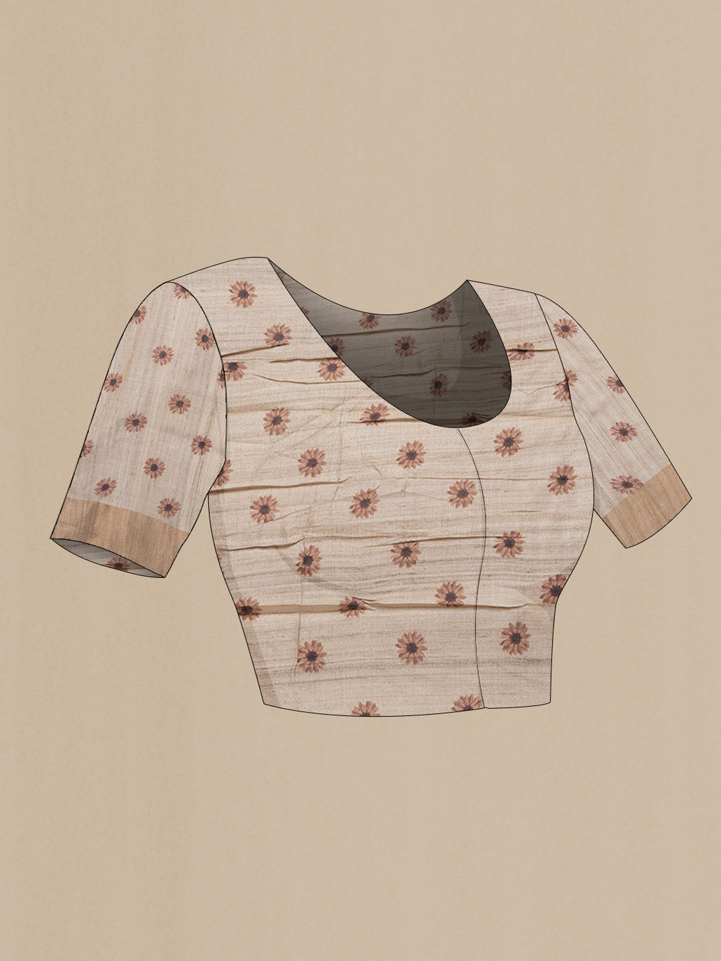 Close up image of the blouse of Beige Dual Tone Tussar Silk Saree with Printed design on the body and Zari Border. 