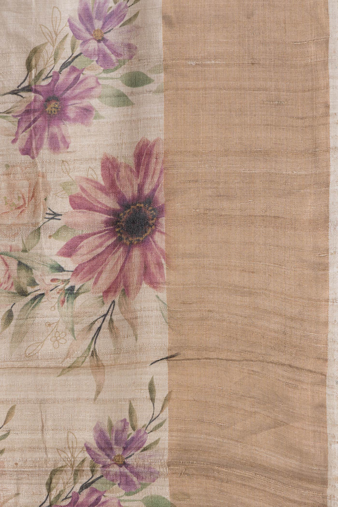 Border image of Beige Dual Tone Tussar Silk Saree with Printed design on the body and Zari Border. 