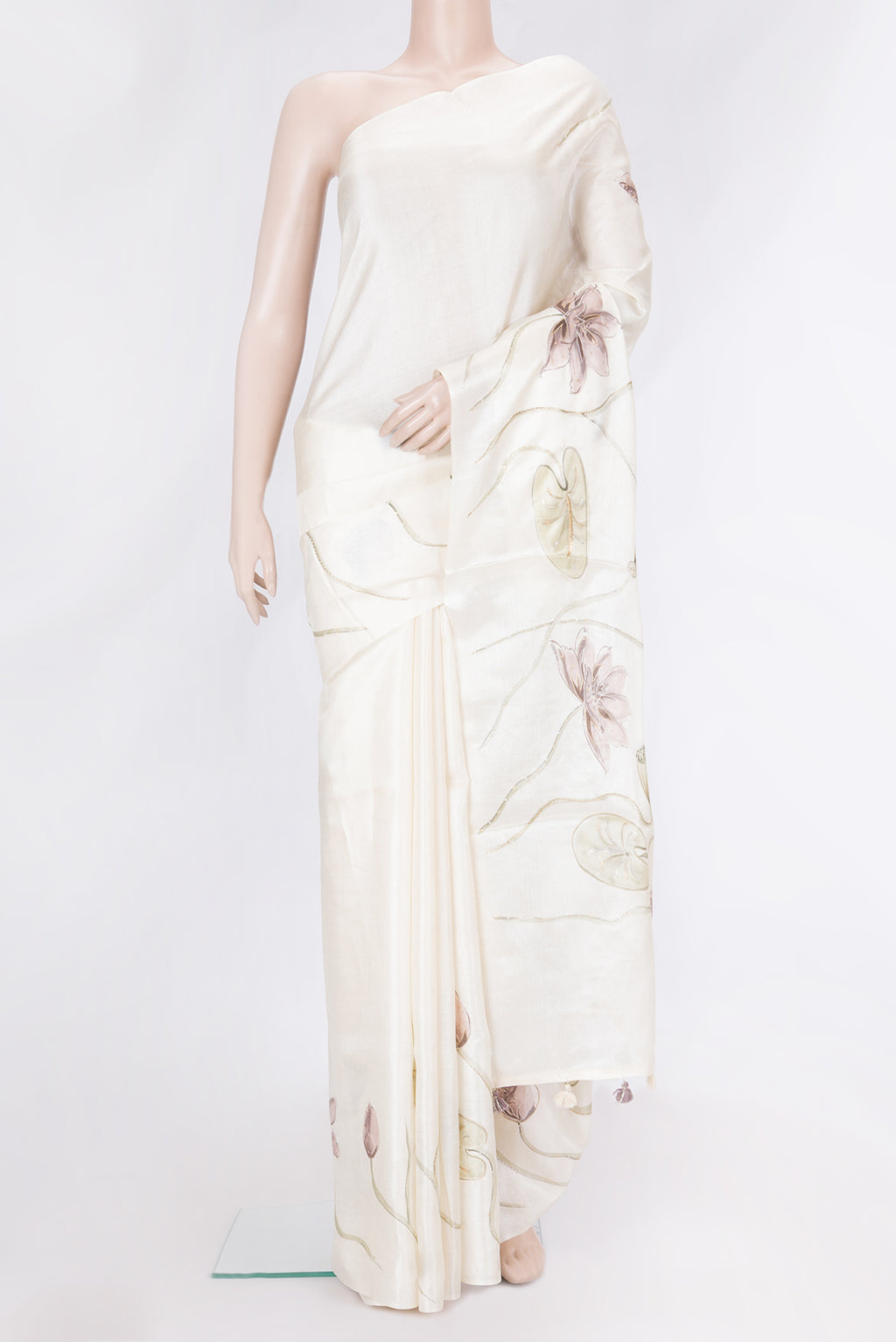 Beige Dual Tone Tussar Silk Saree with Plain Body and Fancy Border.  displayed on a mannequin