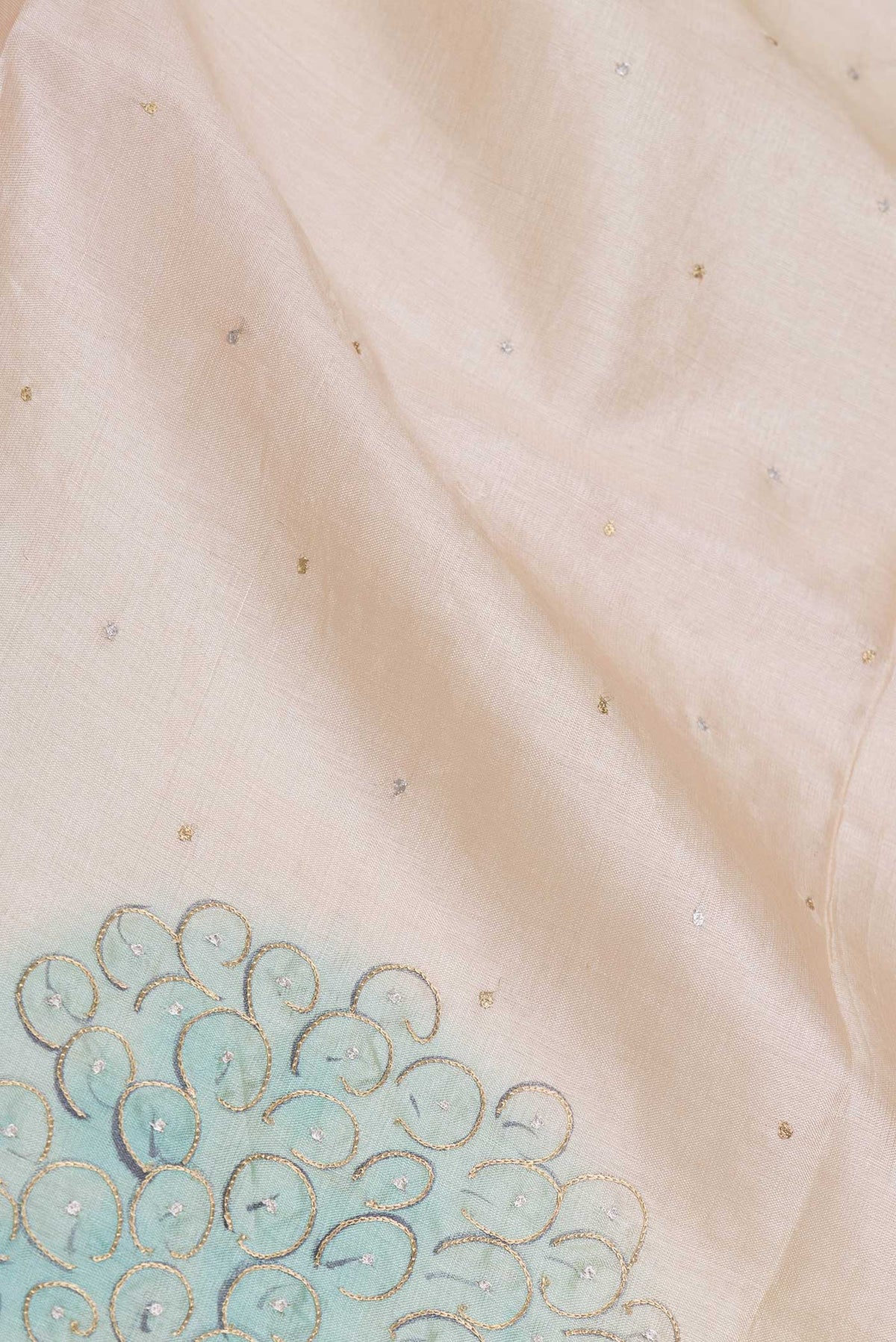 Close up of Beige Dual Tone Tussar Saree with Embroidery on the body and Embroidery Border displaying folds