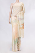 Beige Dual Tone Tussar Saree with Embroidery on the body and Embroidery Border displayed on a mannequin