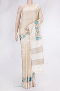 Beige Dual Tone Tussar Silk Saree with Plain Body and Thread Border.  displayed on a mannequin