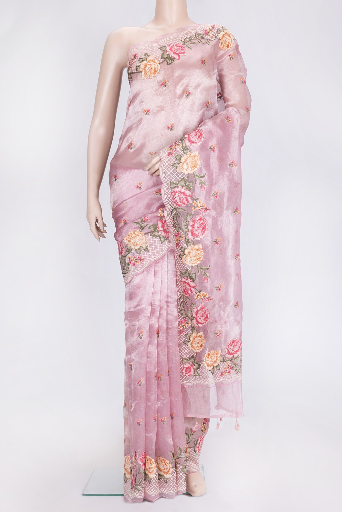 Pink Dual Tone Organza Silk Saree with Embroidery on the body and Embroidery Border.  displayed on a mannequin