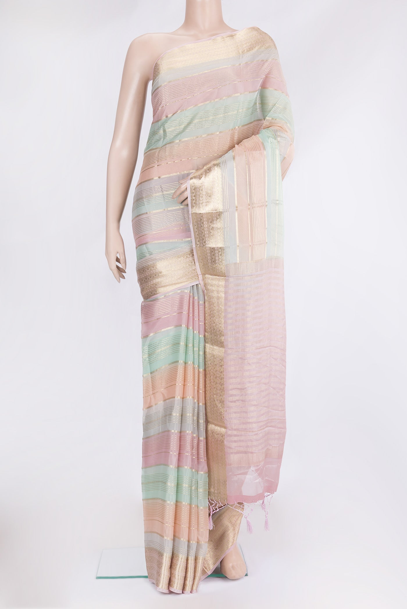 Multi Color Organza Silk Saree with Stripes on the body and Zari Border.  displayed on a mannequin