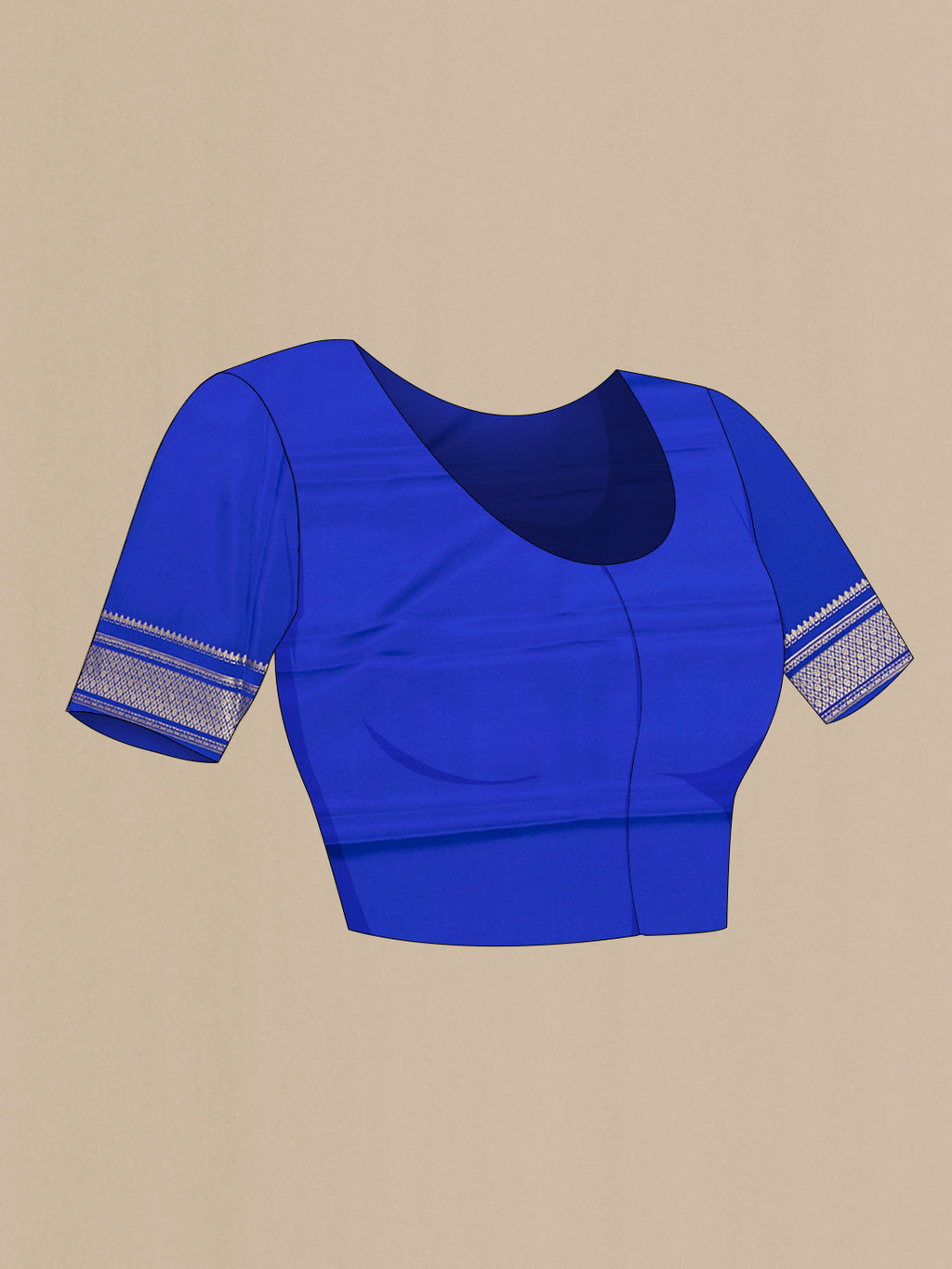Close up image of the blouse of Purple Mysore Silk Saree with Zari Butta on the body and Zari Border. 