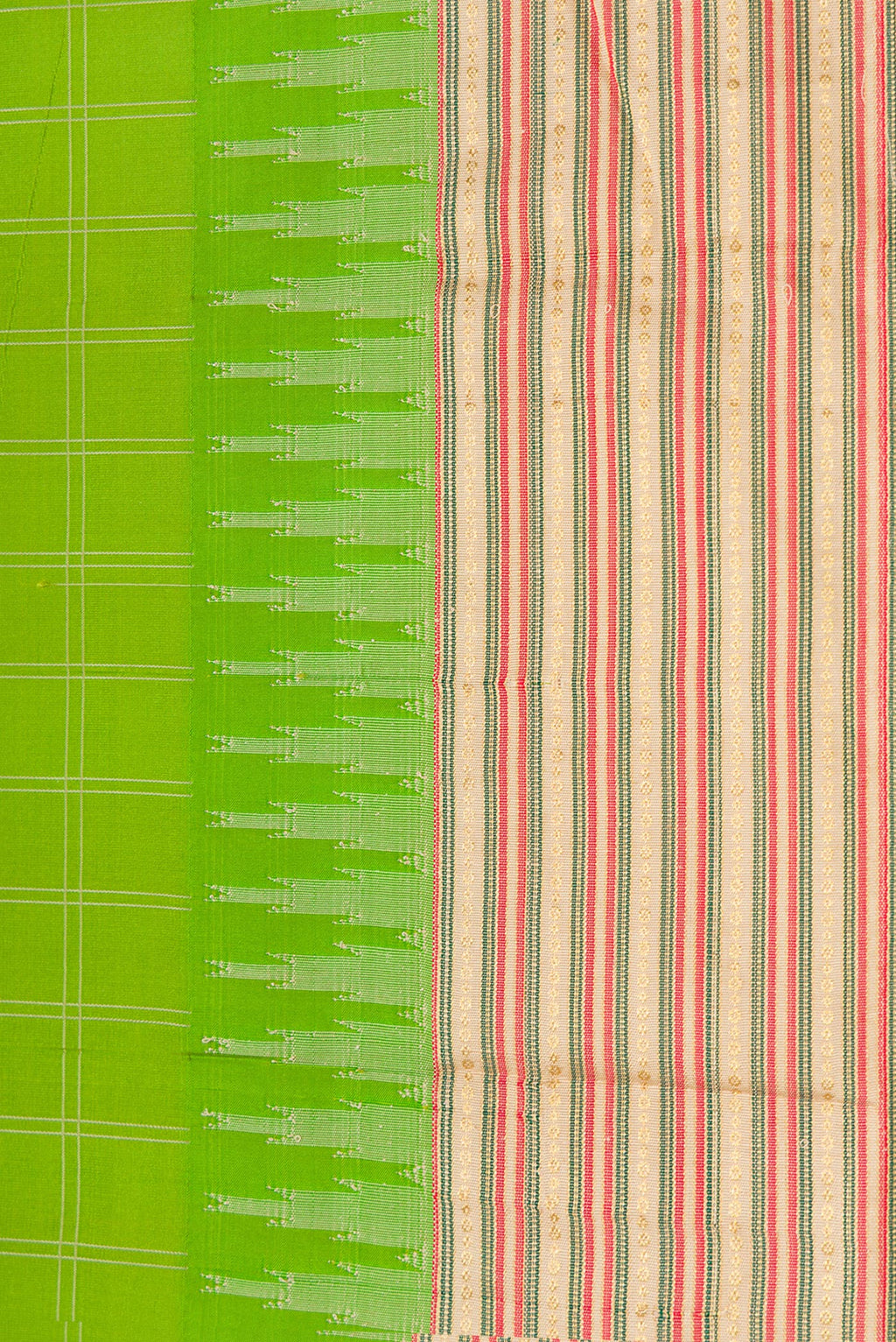 Border image of Parrot Green Dual Tone Kanjivaram Silk Saree with Checked design on the body and Zari Border. 