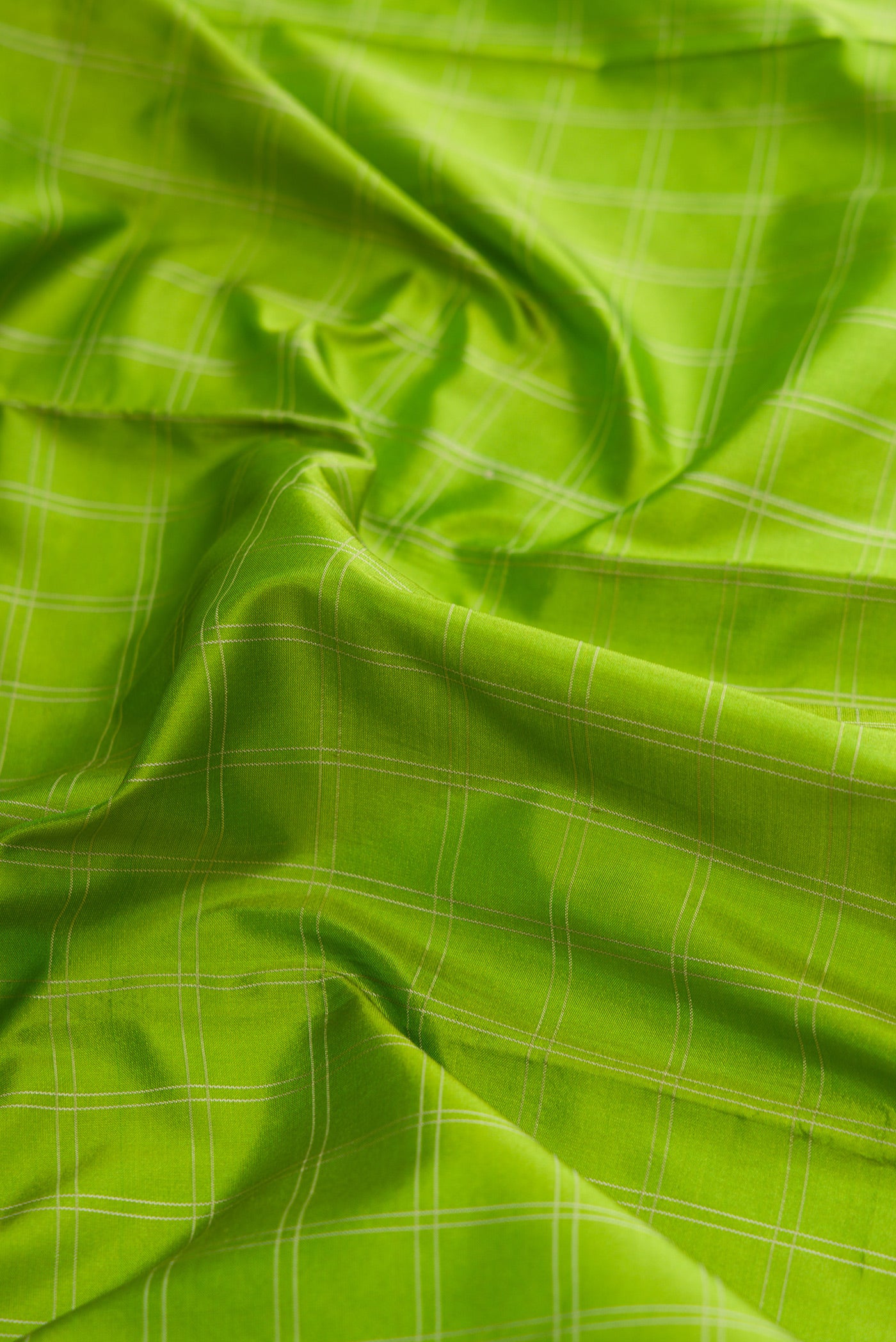 Close up of Parrot Green Dual Tone Kanjivaram Silk Saree with Checked design on the body and Zari Border.  displaying folds