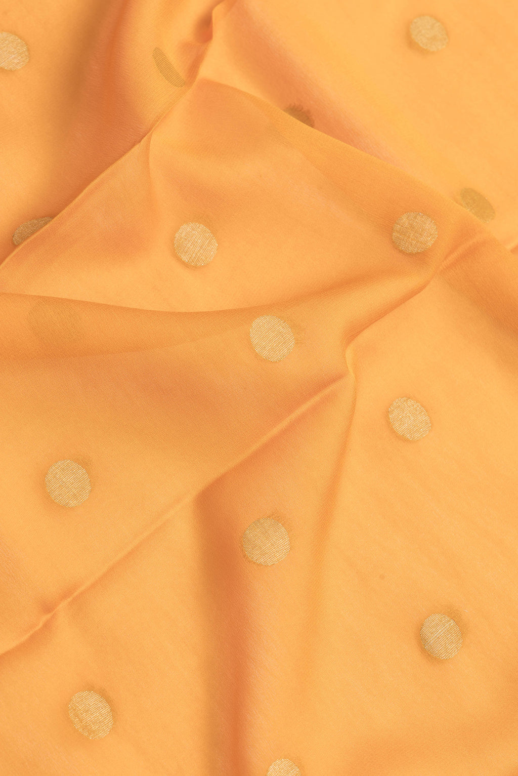 Close up of Mustard Dual Tone Georgette Saree with Zari Butta on the body and Zari Border.  displaying folds