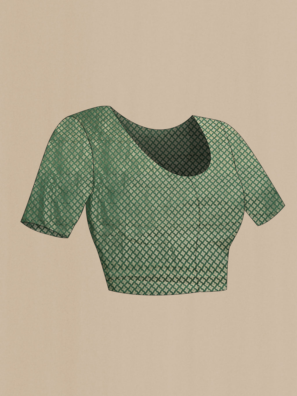 Close up image of the blouse of Bottle Green Dual Tone Mysore Georgette Saree with Plain Body and Zari Border. 