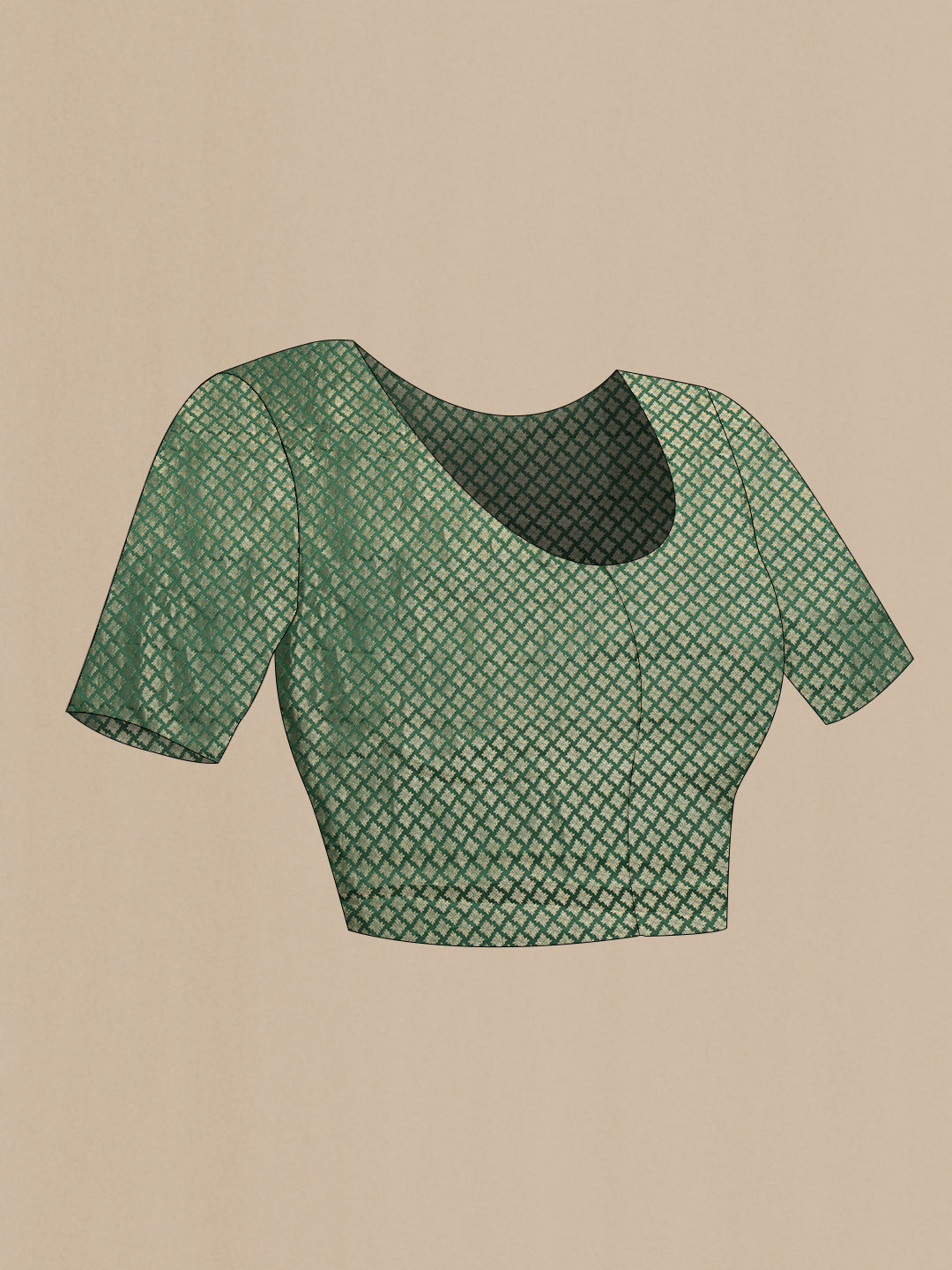 Close up image of the blouse of Bottle Green Dual Tone Mysore Georgette Saree with Plain Body and Zari Border. 