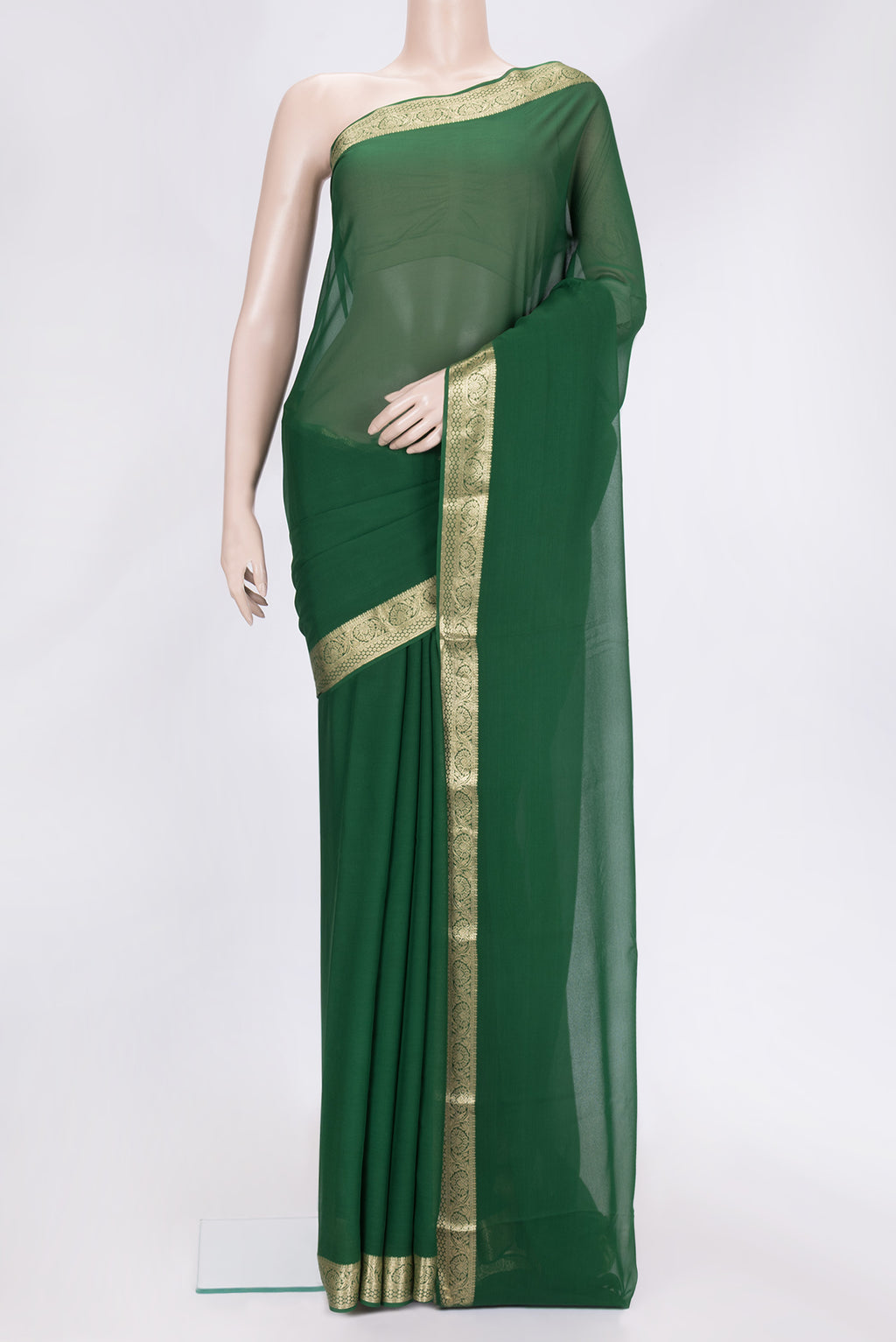 Bottle Green Dual Tone Mysore Georgette Saree with Plain Body and Zari Border.  displayed on a mannequin