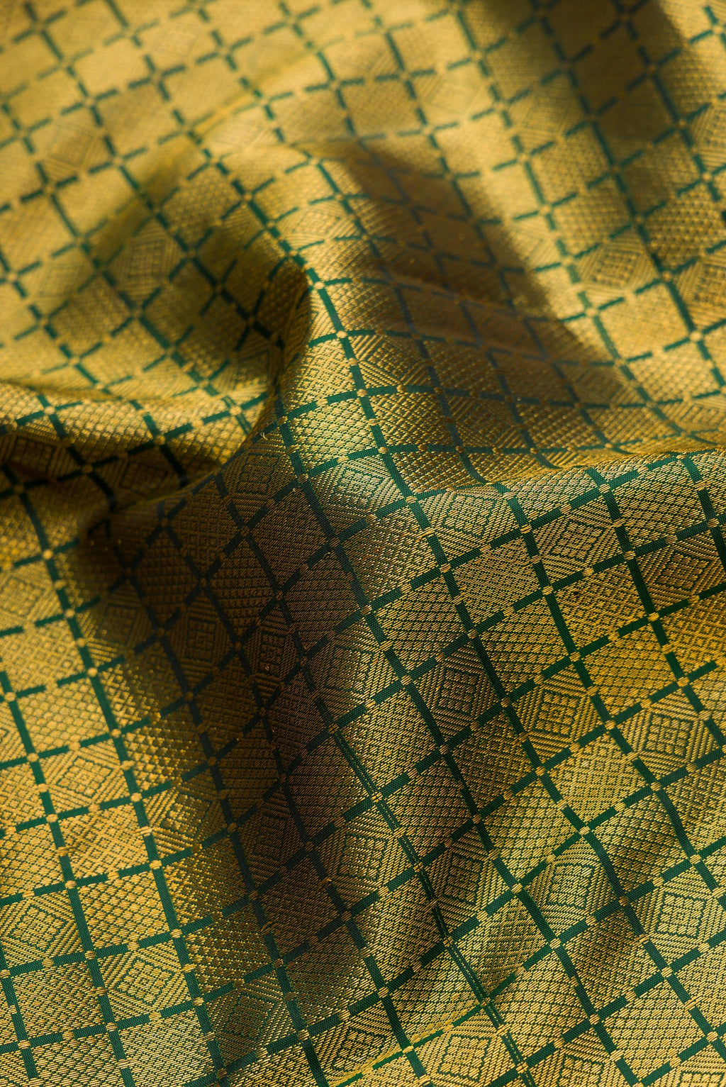 Close up of Bottle Green Dual Tone Kanjivaram Silk Saree with Zari Brocade on the body and Zari Border.  displaying folds