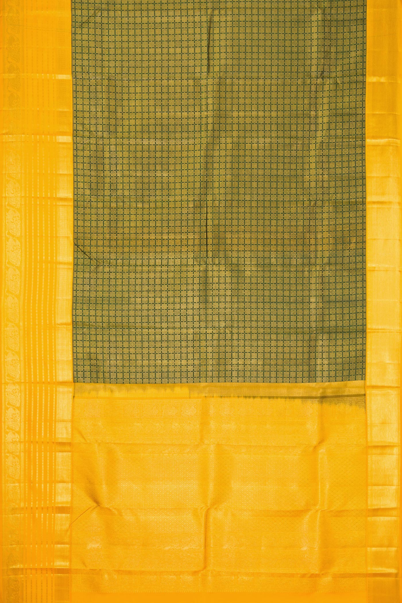 Flat view of Bottle Green Dual Tone Kanjivaram Silk Saree with Zari Brocade on the body and Zari Border. 