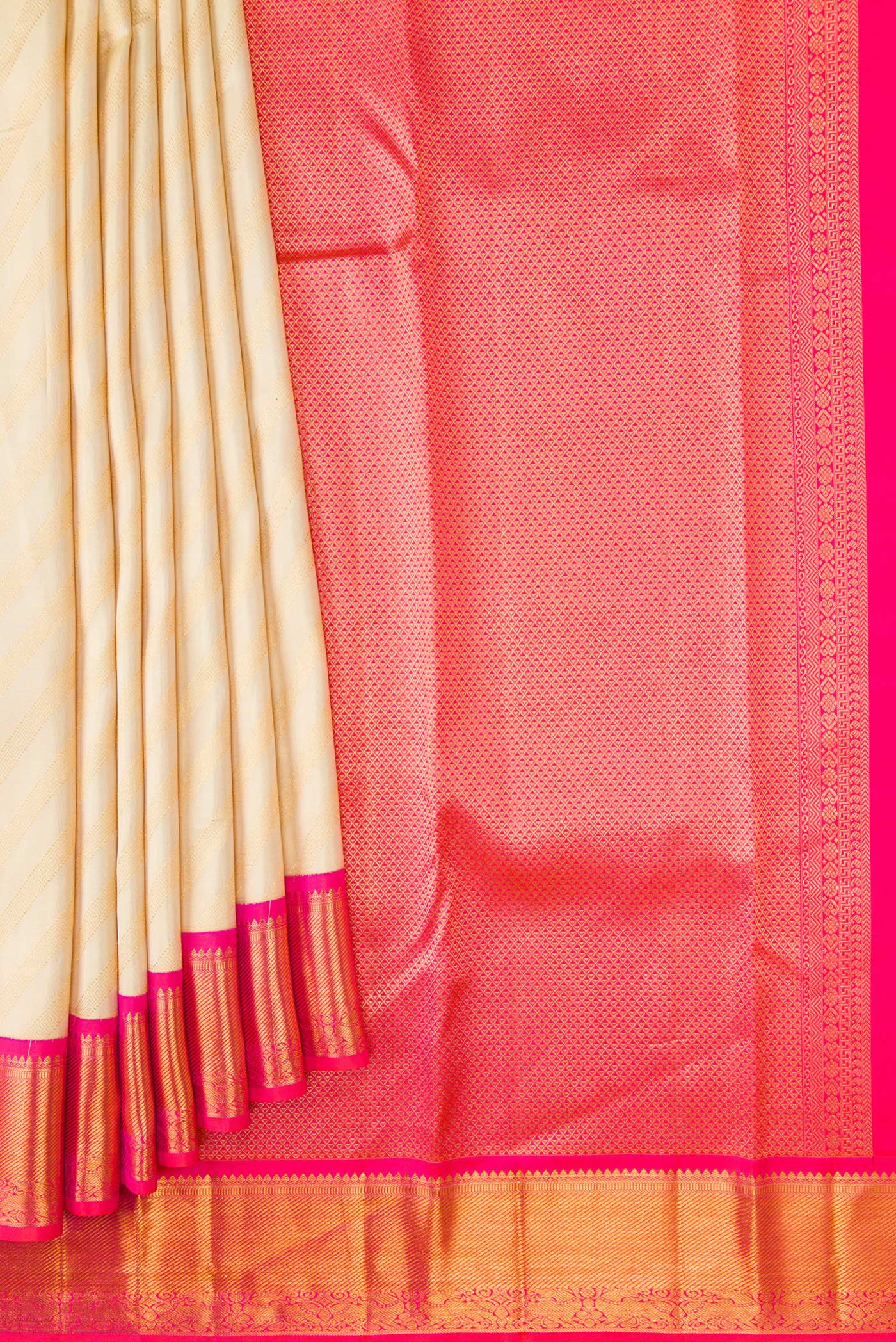 Pleats and pallu of Sandal Dual Tone Kanjivaram Silk Saree with Zari Brocade on the body and Zari Border. 