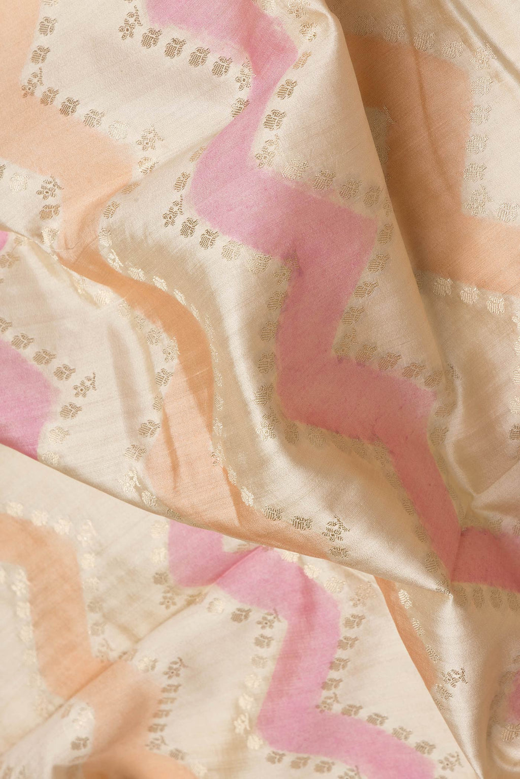 Border image of Pink, Orange and Sandal Color Tussar Silk Saree with Zig Zag design on the body and Zari Border. 