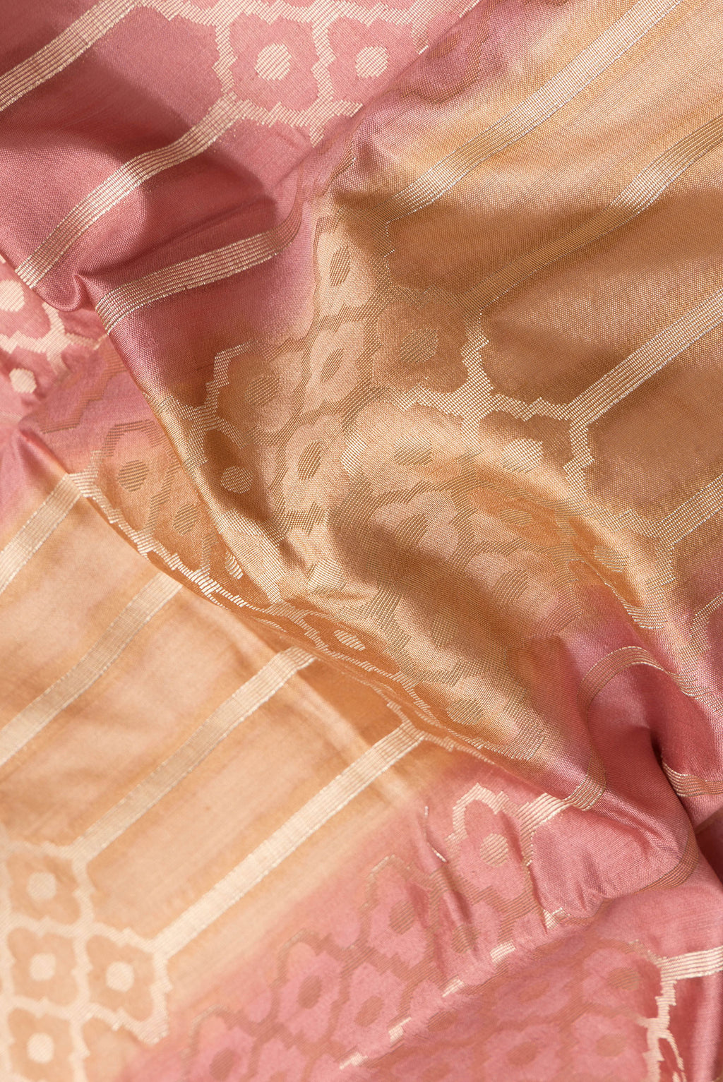 Close up of Multi Color Banarasi Raw Silk Saree with Zari Brocade on the body and Zari Border.  displaying folds